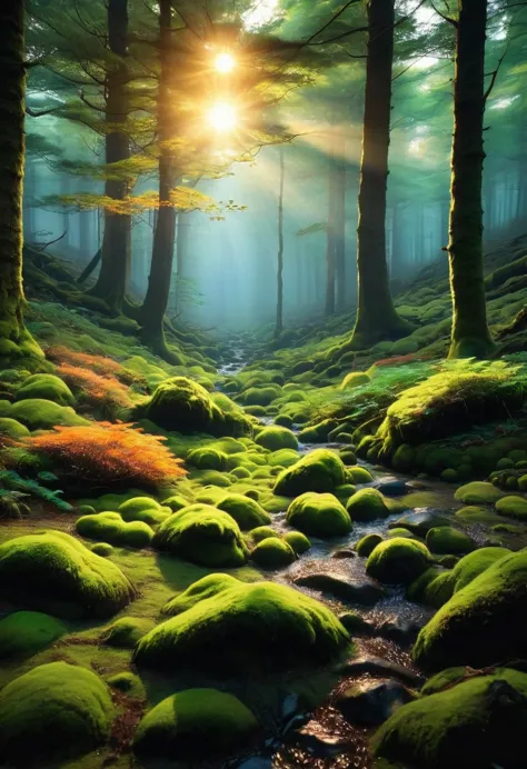 「返景入deep forest，Shining on the moss」The afterglow of the setting sun penetrates the dense shadow of the dense forest，shining on ...