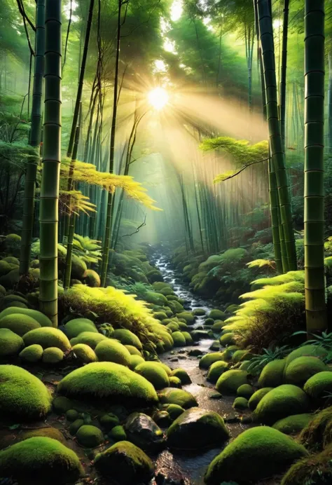「Return to the deep forest，Shining on the moss」The afterglow of the setting sun penetrates the dense shade of the bamboo forest，...