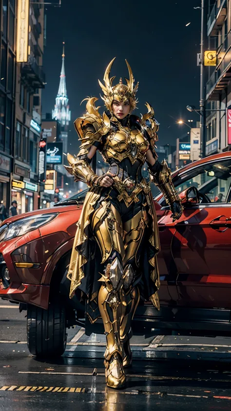 A woman adorned in fantasy-style full-body armor, a crown-concept fully enclosed helmet that unveils only her eyes, a composite ...