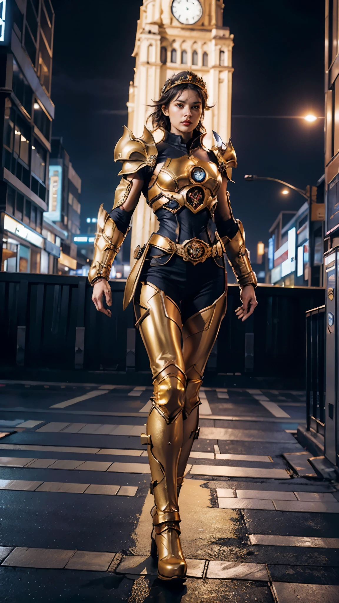 A woman adorned in fantasy-style full-body armor, a crown-concept fully enclosed helmet that unveils only her eyes, a composite layered chest plate, fully encompassing shoulder and hand guards, a lightweight waist armor, form-fitting shin guards, the overall design is heavy-duty yet flexible, ((the armor gleams with a golden glow, complemented by red and blue accents)), exhibiting a noble aura, she floats above the Futuristic city, this character embodies a finely crafted fantasy-surreal style armored hero in anime style, exquisite and mature manga art style, (Tiger concept Armor, photorealistic:1.4, real texture material:1.2), ((city night view, elegant, goddess, femminine:1.5)), metallic, high definition, best quality, highres, ultra-detailed, ultra-fine painting, extremely delicate, professional, anatomically correct, symmetrical face, extremely detailed eyes and face, high quality eyes, creativity, RAW photo, UHD, 32k, Natural light, cinematic lighting, masterpiece-anatomy-perfect, masterpiece:1.5