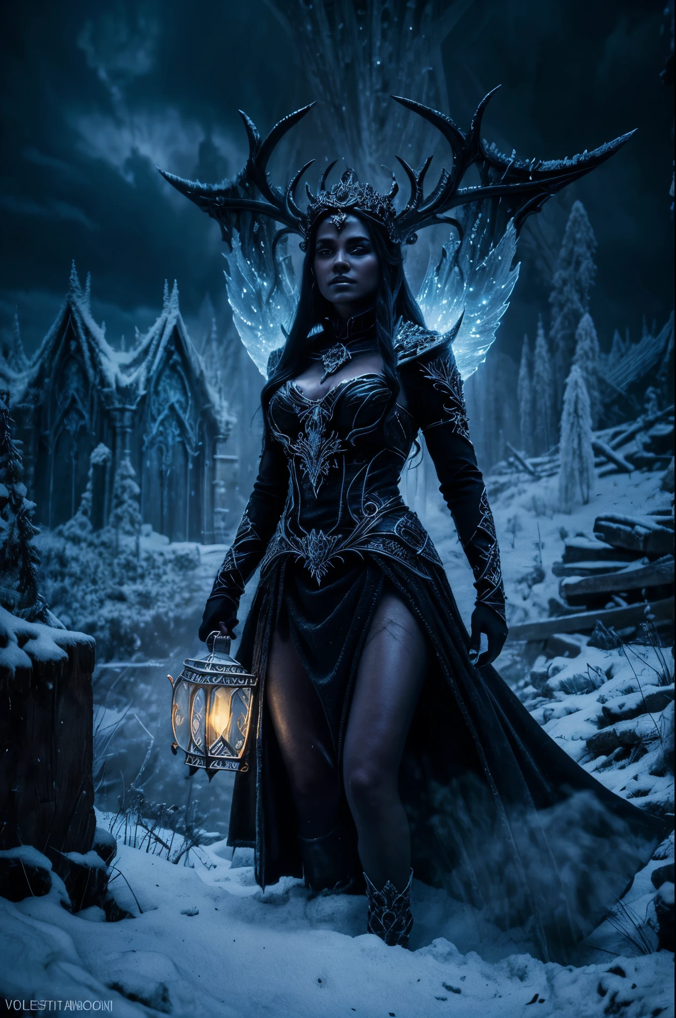 dark fantasy,  frost goddess, intricate details, insane details, volumetric lighting, ominous atmosphere, ominus lights, spectral atmosphere, frost sparkles 