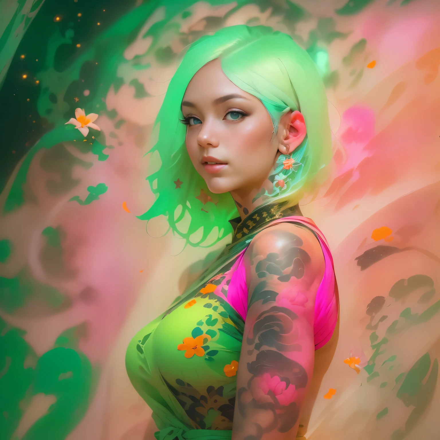 (Realistic Painting), (Best Quality, High Resolution, Photo Realistic: 1.37), (Vivid Colors), (Studio Lighting), (Orange, Pink, White, and Green Details), (Woman with White Hair), (Tattoos), (Technological clothing: 1.1), (Abstract background with lines and circles). ((best quality, high resolution, clear image, detailed background, girl, flower-t tattoo, starry sky)). ((Best quality: 1.37), (1 girl - solo, full-length, waist-high, loose - relaxed pose, standing), (fashionable pink dress, technological image)). ((Settings, soft light, shadows). (tech background - abstraction) HD detail, cinematic, surrealism, Soft light, Deep focus, ray tracing, Diffusion.