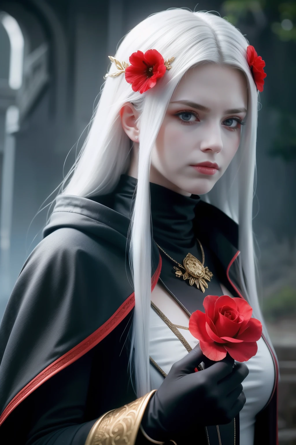 1girl,solo,1girl,solo,((beautiful detailed eyes)), (detailed light),depth of field,(white hair),silver eyes,hair over one eye,(red flower ), hair flower,long hair,black cloak,wet,emotionless,looking back,night,starfall,raining,fog,red flowers falling,sketch,upper body,intense shadows, hand holding cheek, full body