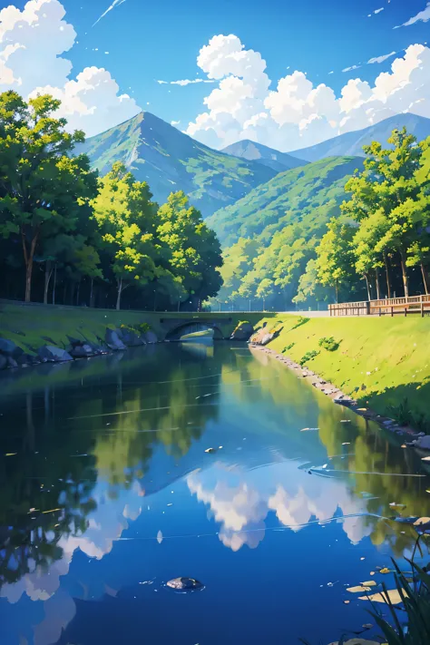 pequena cabana, paisagem montanhosa, com rio ao fundo, algumas nuvens, arte estilo anime "seu nome" kimi no na wa