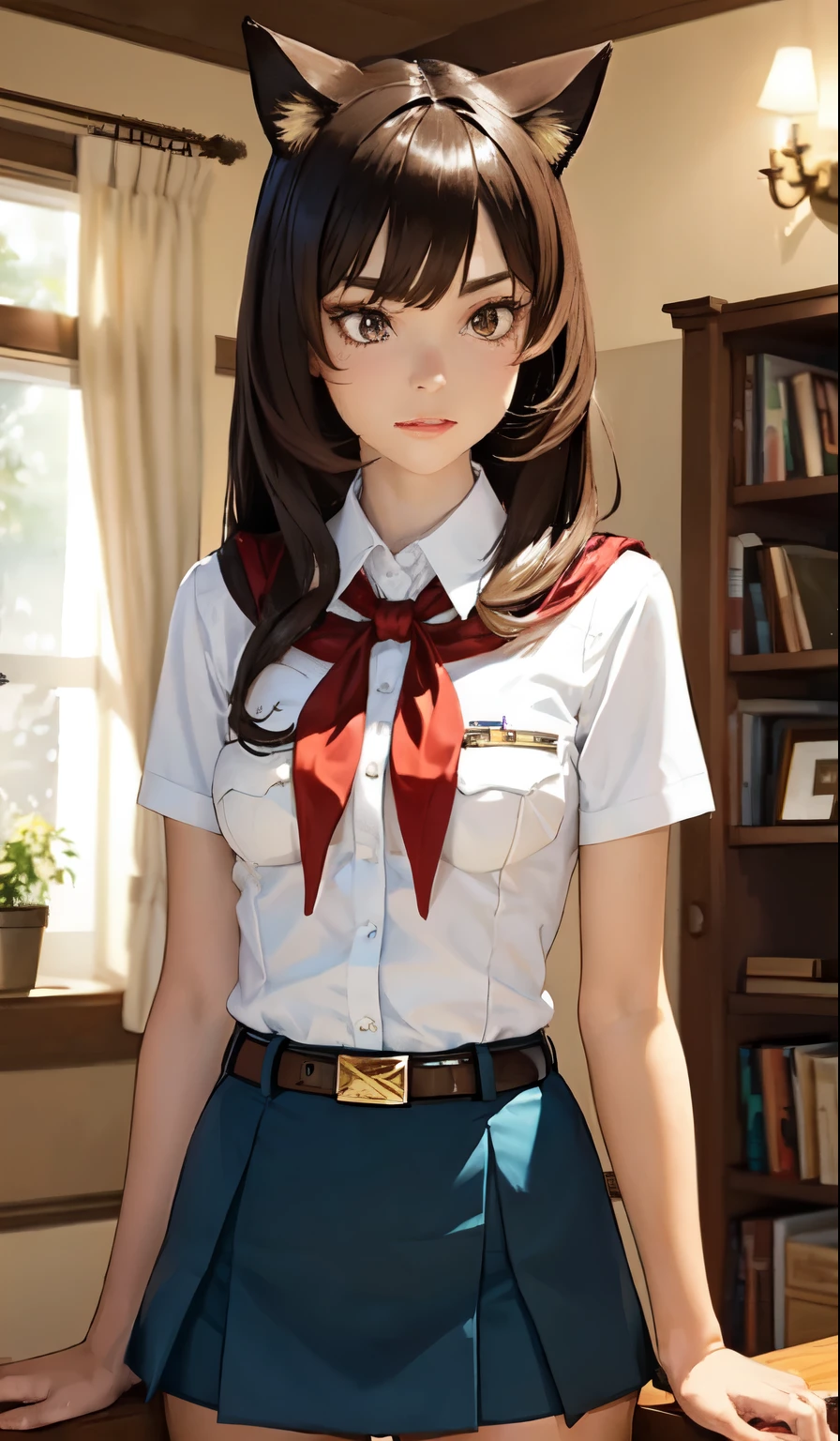 very young slim fit girl, full height, rounded face, very long disheveled dark brown hair, big brown eyes, shy smile, perfect flat breast, band on head with fake cat ears, sashagrey, pioneer neckerchief, short tight blue pleated skirt, bangs, tight white shirt, short sleeves, collared shirt, belt, red neckerchief, breast pocket