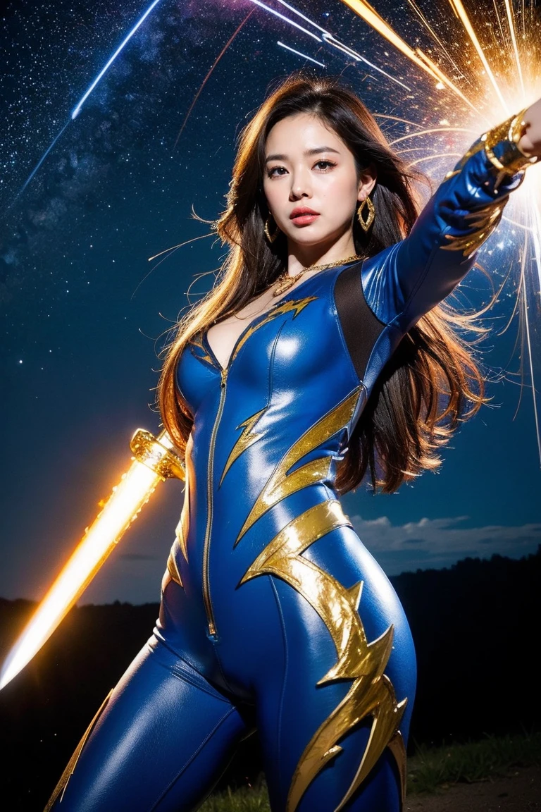 highest quality, masterpiece, realistic, High resolution, 8k RAW写真, 1 girl、long hair、goddess、has a decorated sword、Swing your sword up、((glamor body:1.3))、(Blue bodysuit with lightning motif、gold edge)、silver pendant、silver earrings、(((action pose)))、（fire(starry sky)、(a lot of lightning in the sky）