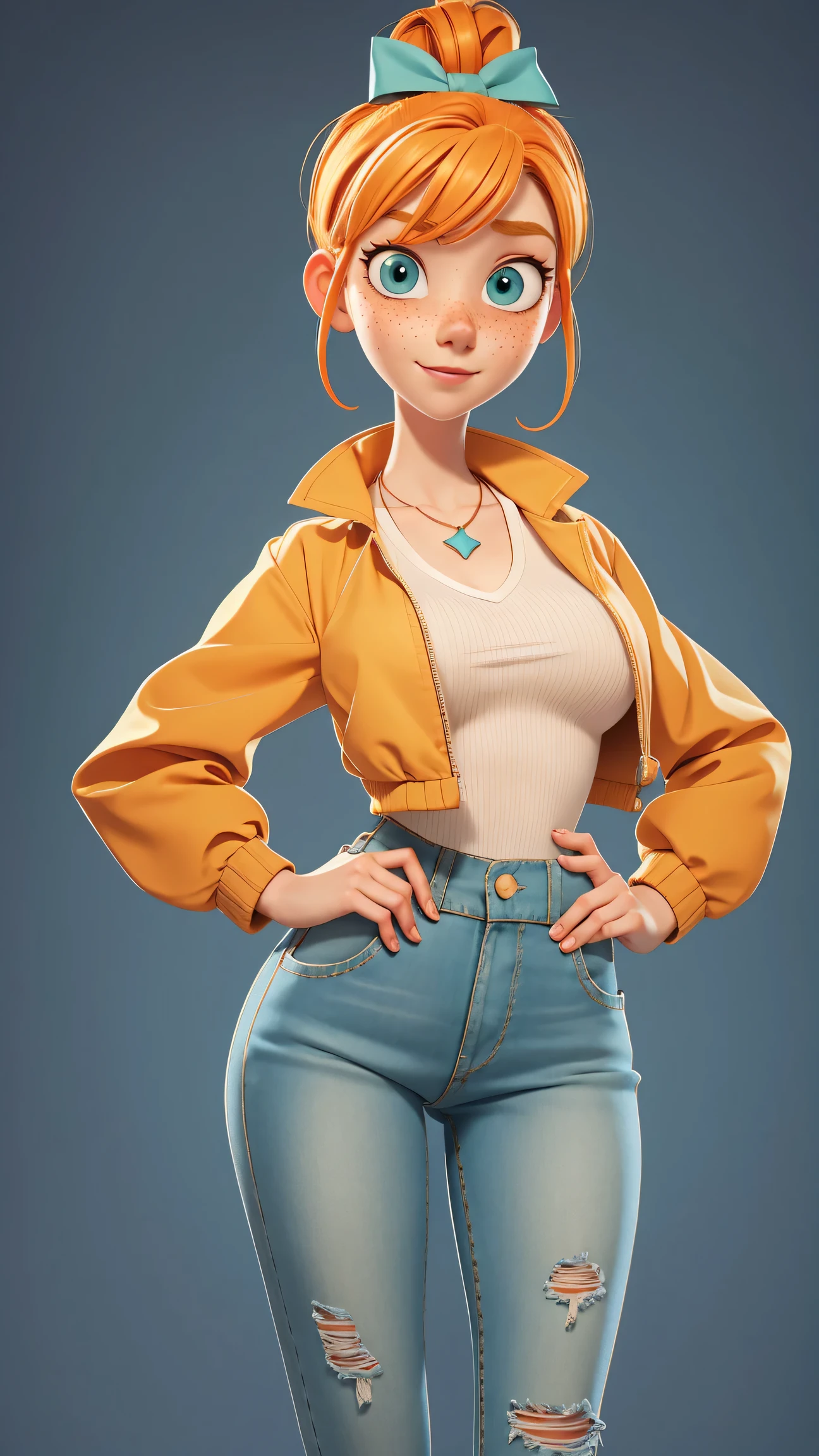 1girl, Orange hair in a bun, green eyes, slight smirk, freckles on cheeks, thin eyebrows, white necklace with a bow, teal jacket, pale skin, standing, cartoon, (pixar:1.2), Lucy Wilde, long nose, bangs, tight short jeans,full body view, wide hips, huge breasts, tight top, camel toe, large breasts, huge breasts, camel toe, wide hips