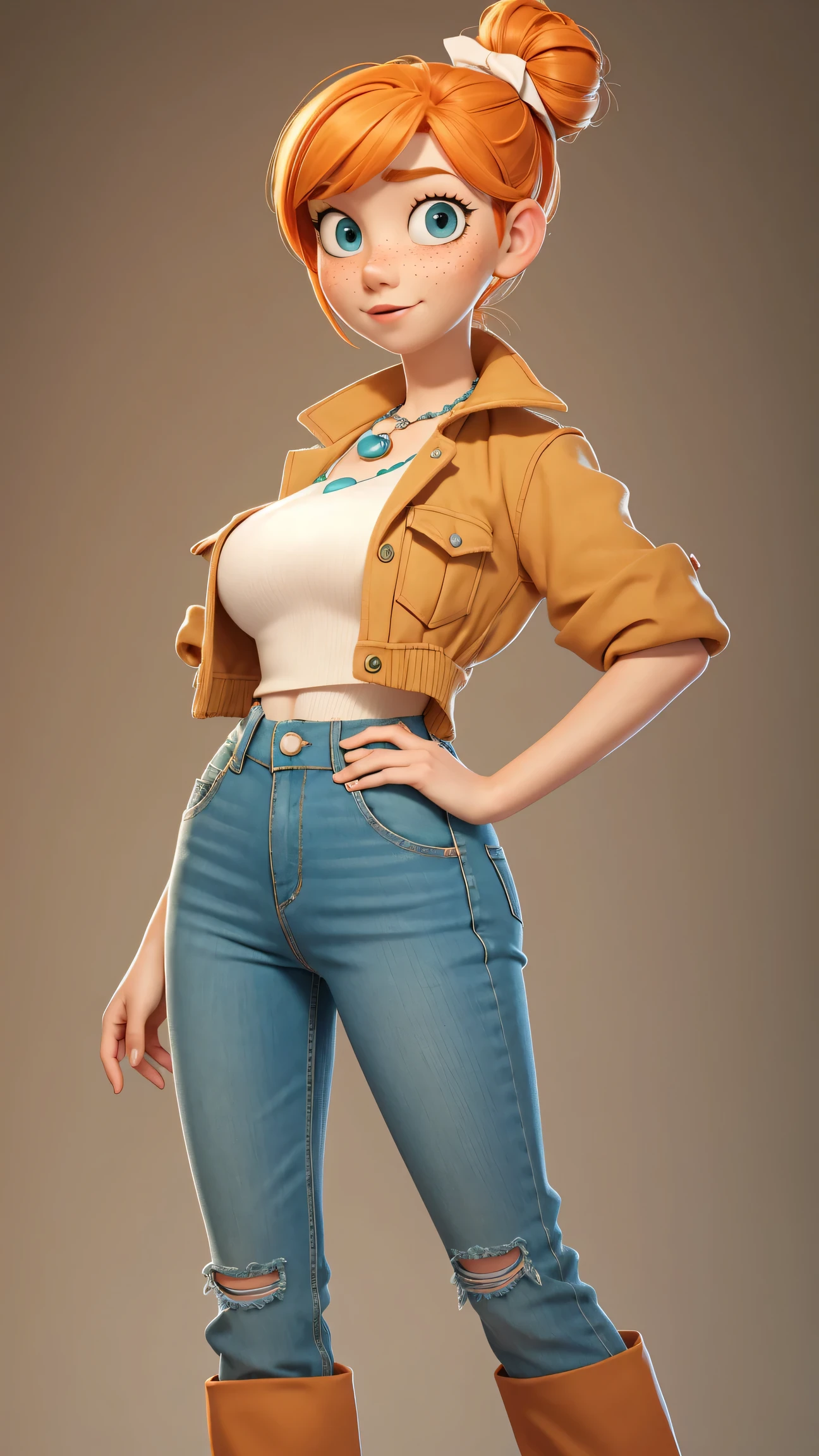 1girl, Orange hair in a bun, green eyes, slight smirk, freckles on cheeks, thin eyebrows, white necklace with a bow, teal jacket, pale skin, standing, cartoon, (pixar:1.2), Lucy Wilde, long nose, bangs, tight short jeans,full body view, wide hips, huge breasts, tight top, camel toe, large breasts, huge breasts, camel toe, wide hips