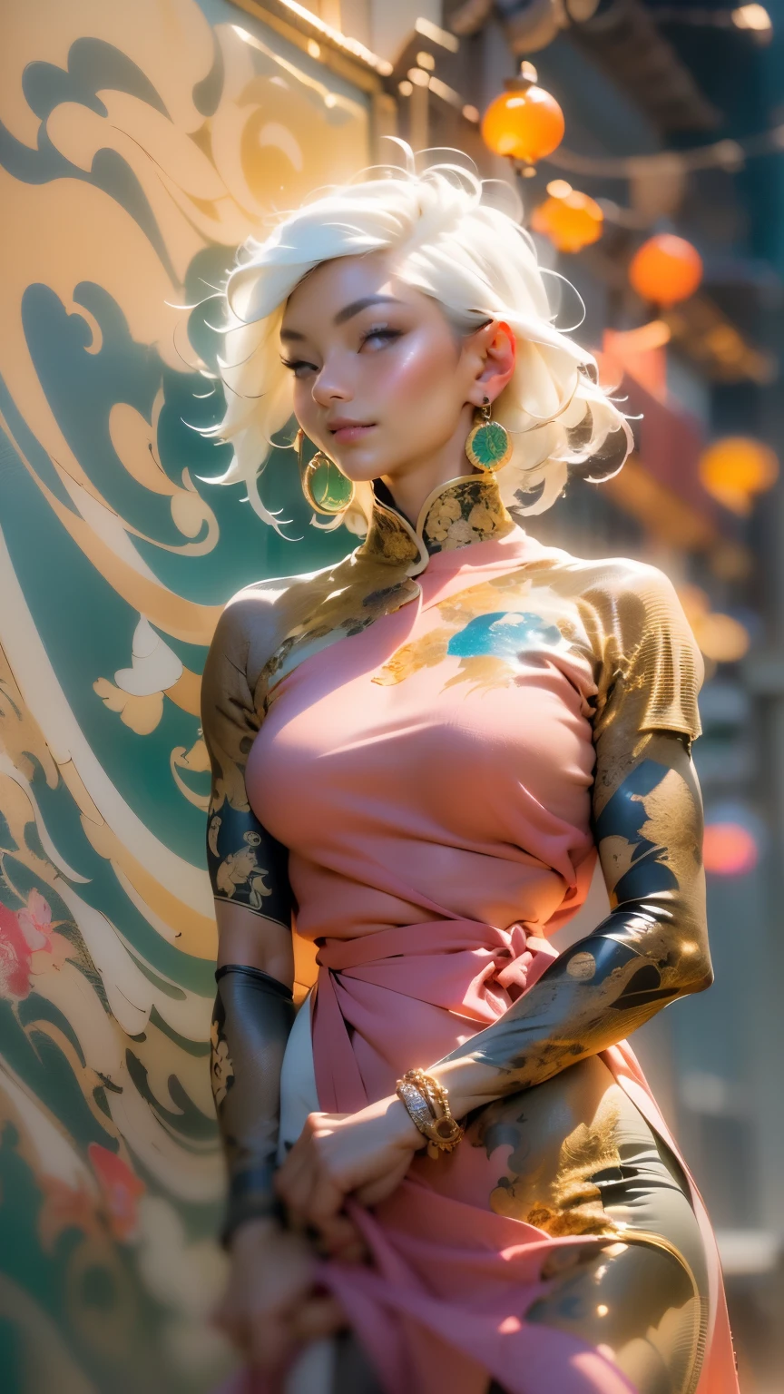 (Realistic Painting), (Best Quality, High Resolution, Photo Realistic: 1.37), (Vivid Colors), (Studio Lighting), (Orange, Pink, White, and Green Details), (Woman with White Hair), (Tattoos), (Technological clothing: 1.1), (Abstract background with lines and circles). ((best quality, high resolution, clear image, detailed background, girl, flower-t tattoo, starry sky)). ((Best quality: 1.37), (1 girl - solo, full-length, waist-high, loose - relaxed pose, standing), (fashionable pink dress, technological image)). ((Settings, soft light, shadows). (tech background - abstraction) HD detail, cinematic, surrealism, Soft light, Deep focus, ray tracing, Diffusion.