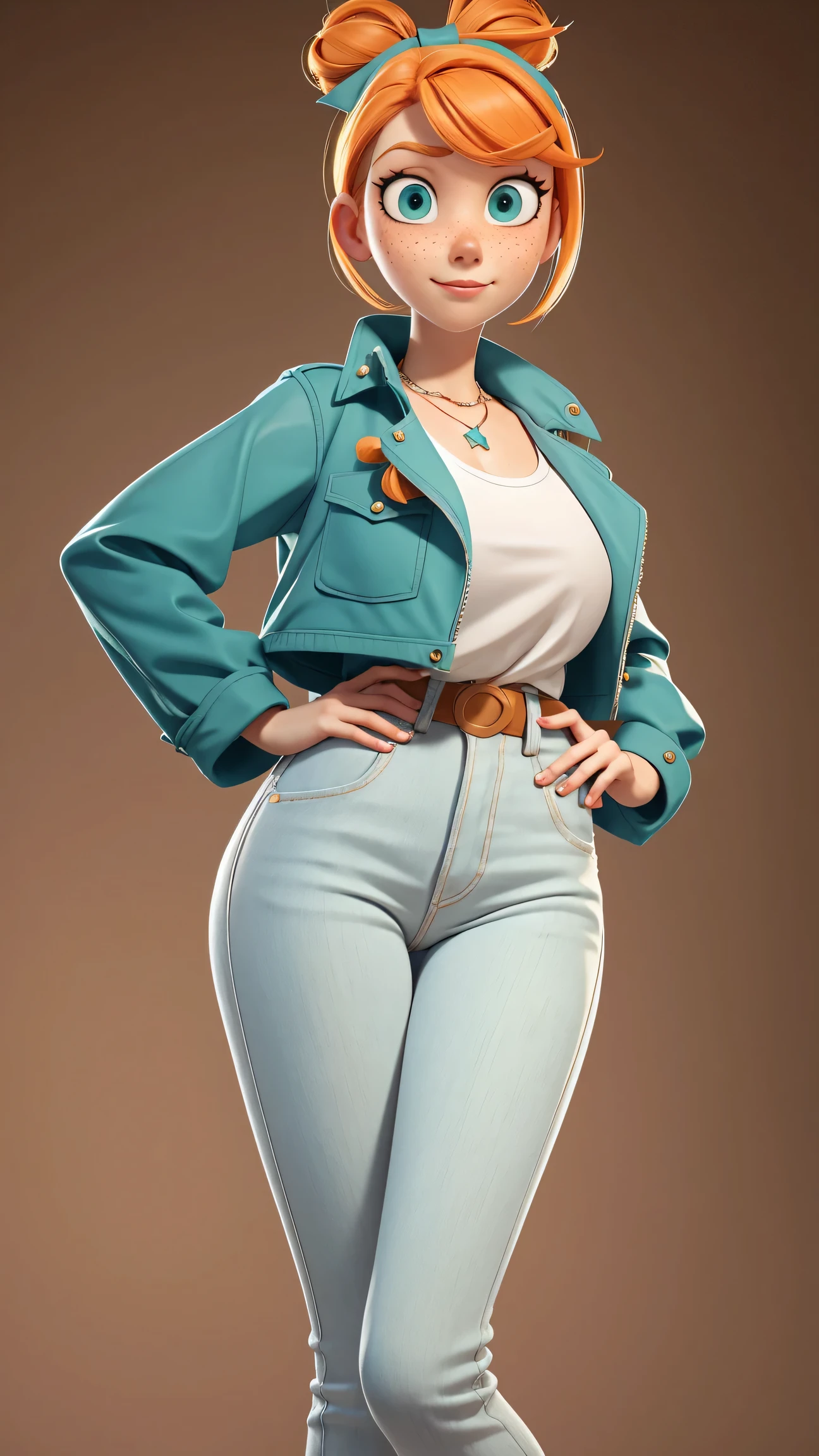 A woman in a blue jacket and jeans posing for a picture - SeaArt AI