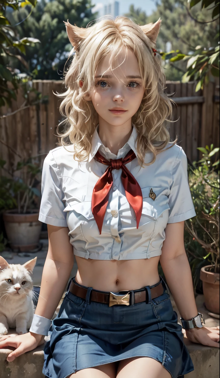 very young slim fit girl, full height, rounded face, (long curly disheveled blond hair:1.4), big blue eyes, shy smile, perfect medium breast, band on head with fake cat ears, monroe, pioneer neckerchief, short tight blue pleated skirt, bangs, tight white shirt, short sleeves, collared shirt, belt, red neckerchief, breast pocket