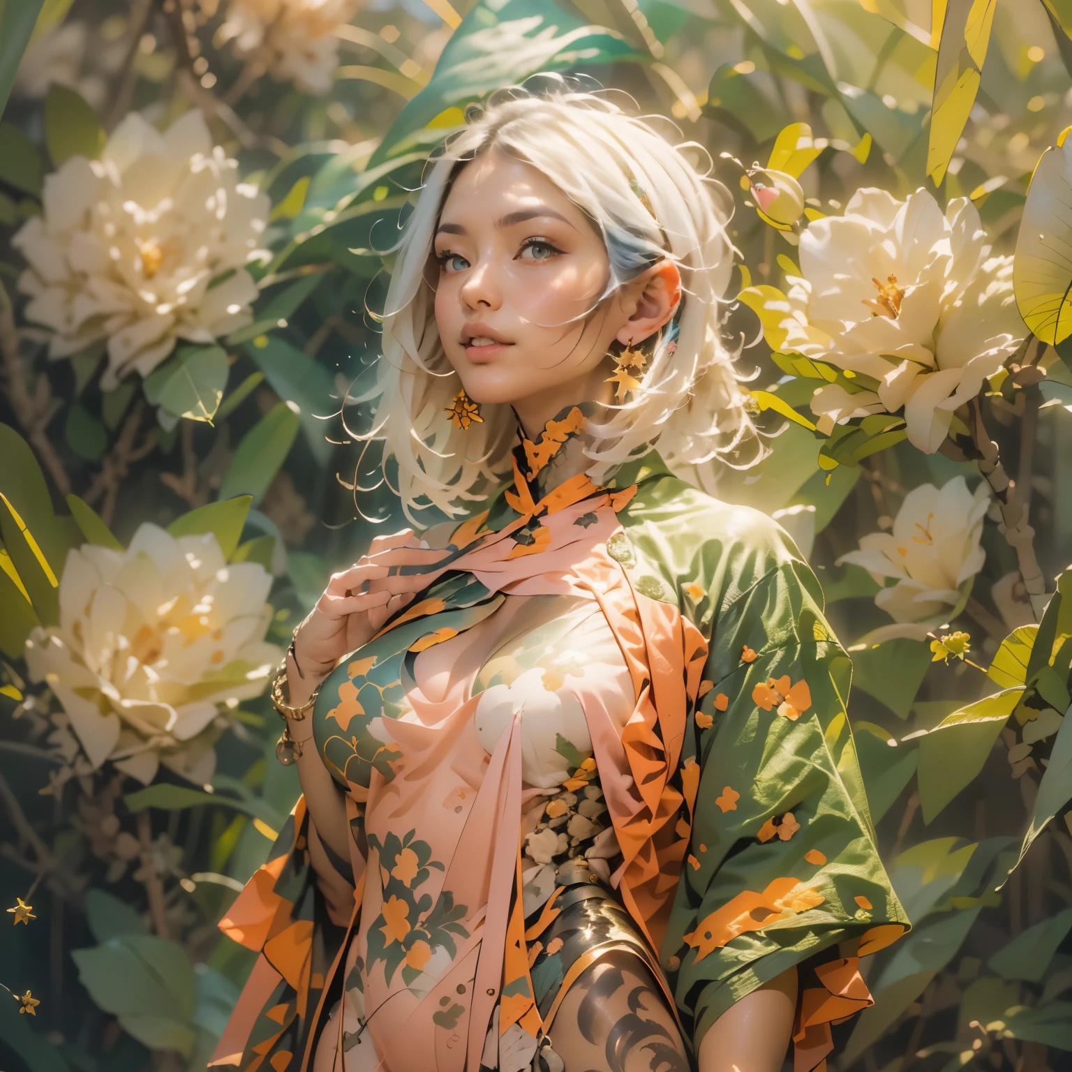 (Realistic Painting), (Best Quality, High Resolution, Photo Realistic: 1.37), (Vivid Colors), (Studio Lighting), (Orange, Pink, White, and Green Details), (Woman with White Hair), (Tattoos), (Technological clothing: 1.1), (Abstract background with lines and circles). ((best quality, high resolution, clear image, detailed background, girl, flower-t tattoo, starry sky)). ((Best quality: 1.37), (1 girl - solo, full-length, waist-high, loose - relaxed pose, standing), (fashionable pink dress, technological image)). ((Settings, soft light, shadows). (tech background - abstraction) HD detail, cinematic, surrealism, Soft light, Deep focus, ray tracing, Diffusion.