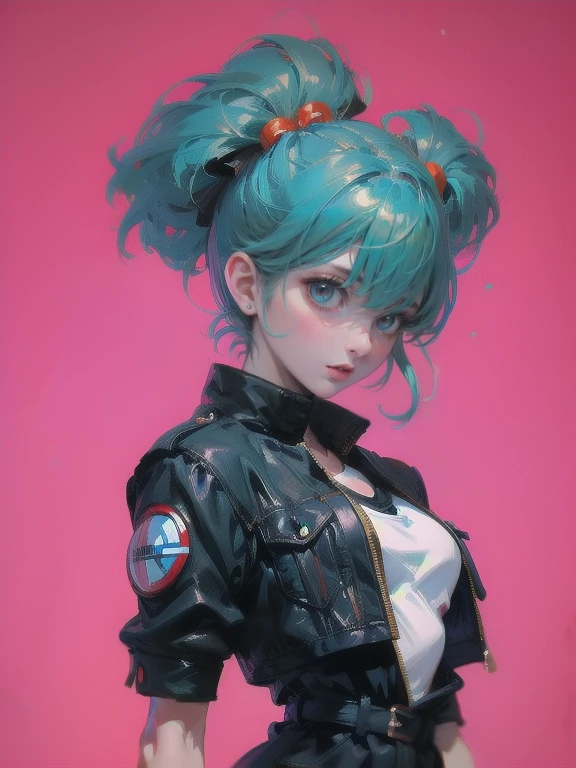 1woman, solo, (masterpiece), best quality, ultra-detailed, Bulma from Dragon Ball, Retro style, full body. fashion cloth, jean jacket, fancy, portrait, face detail, eyes detail, simple background, 
