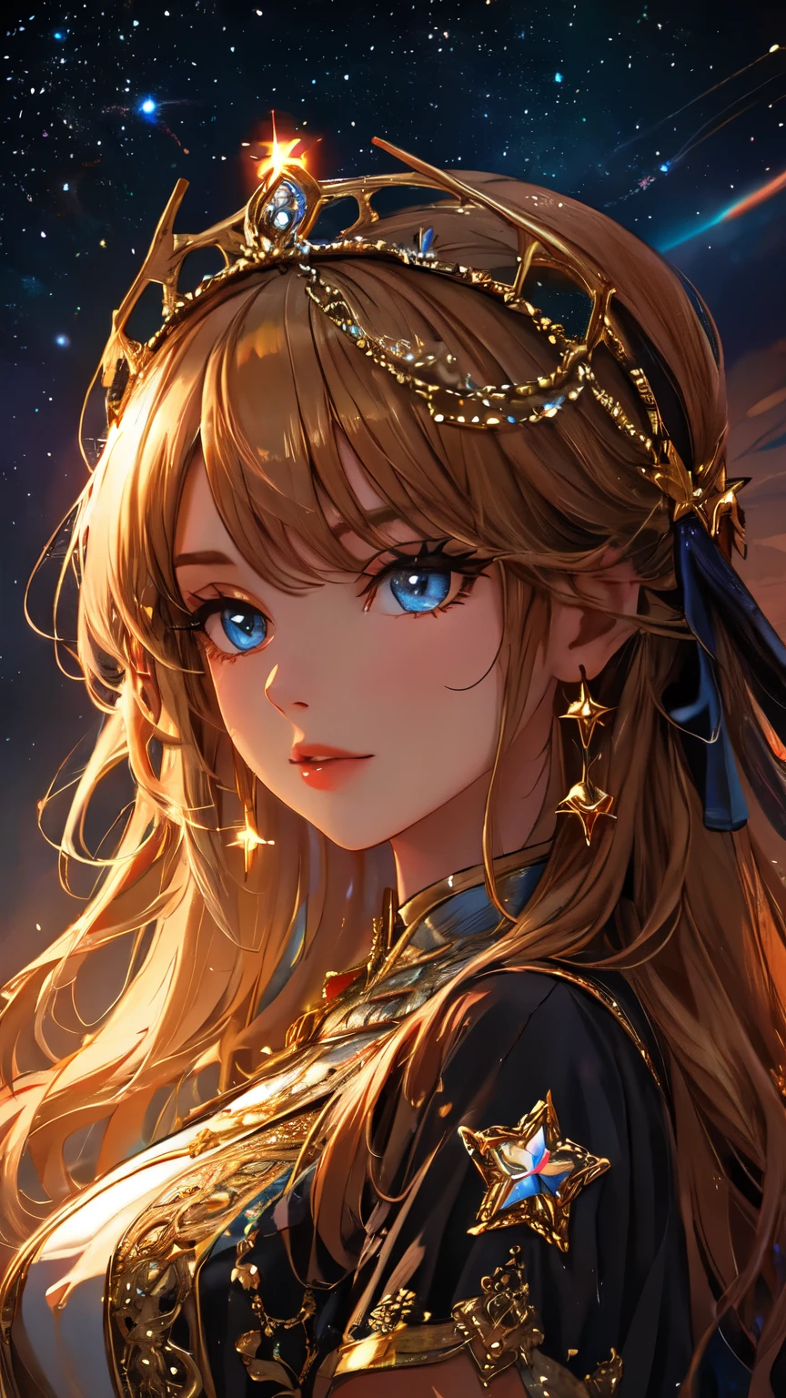 (best quality, 4k, highres, masterpiece:1.2), ultra-detailed, realistic:1.37, HDR, vivid colors, detailed eyes, long eyelashes, woman with a detailed face, big breasts, long detailed dress, full body, shining, an old town background, crowned, dark colors, portrait, fine oil painting, soft lighting, space, stars