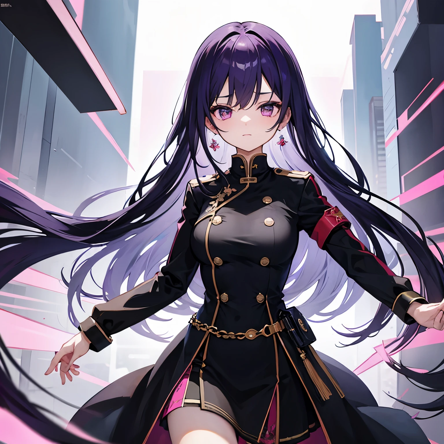 (T Masterpiece，4k wallpaper，best quality))、((girl１people))、(solo)、Brilliant，(purple hair), (pink eyes), black uniform, black uniform 