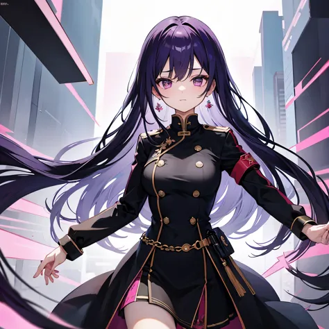 (t masterpiece，4k wallpaper，best quality))、((girl１people))、(solo)、brilliant，(purple hair), (pink eyes), black uniform, black uni...