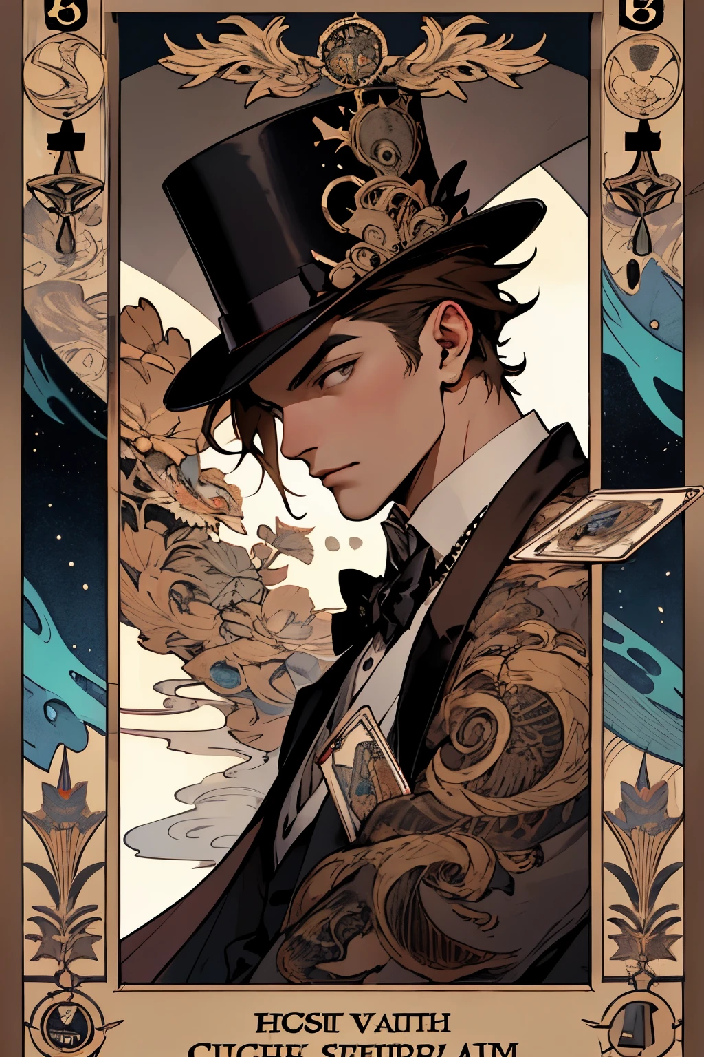 1 man,(short brown hair:1.1),grey eyes,magician, top hat, Victoria coat, (zendispute, mandala, dispute, endispute:0.6),Chaos in its most beautiful form,Mucha style, consciousness，tarot, steam Punk, Tarot card border