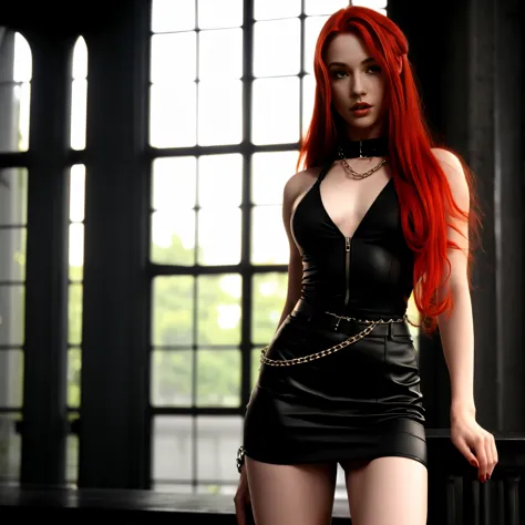 Lenore, red hair, looking at viewer, 8k, hd, detailed, legs, full body, vampire, short skirt, femdom, chains in background, pale...