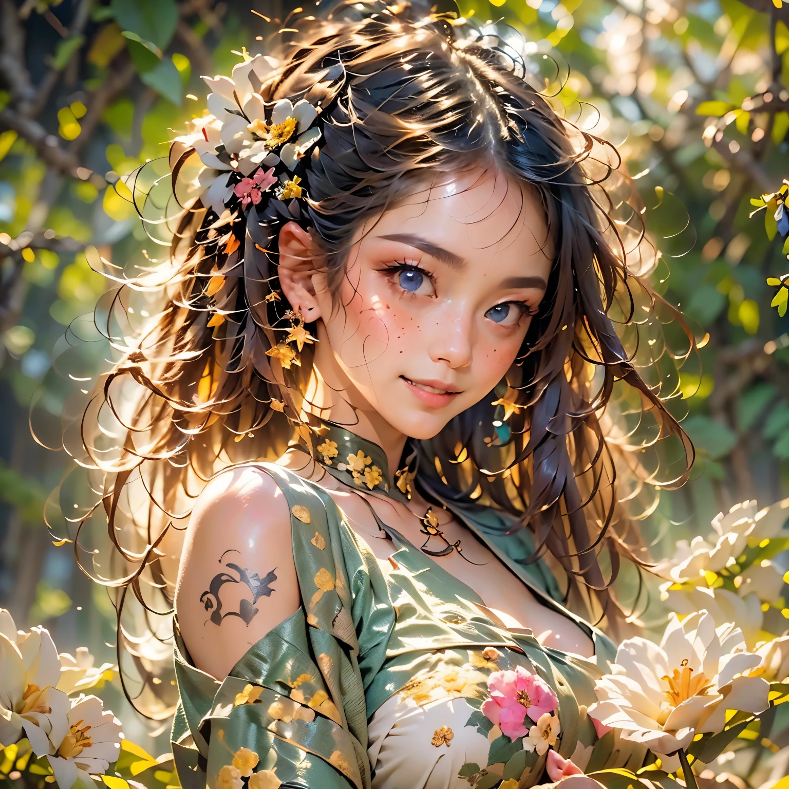 ((best quality, detailed background, girl, flower, starry sky)). ((Best quality, ultra detail, realism: 1.37), (1 girl - solo, full-length, waist-high, free - relaxed pose, standing), (girl, flower, garden, Starry sky,) (fashionable pink dress, open shoulders, neckline, wide short bell, decorated with modern flowers)). ((Beautiful eyes, luscious lips, detailed facial features, gorgeous smile), (piercing seductive gaze, freckles, jewelry, wild and rebellious look, soft and charming lips, shiny lips), (bewitching gaze, bright eyes), (playful expression faces, natural beauty)). (Studio Lighting), (Orange, Pink, White, and Green Details), (Tattoos), (Technological Clothing: 1.1), (Abstract Background with Lines and Circles). ((Best Quality: 1.37). ((Settings, soft light, shadows) (tech background - abstraction) (HD detail, cinematic, surrealism), (Soft light, Deep focus, ray tracing, Diffusion). (Settings, soft light, shadows). - abstraction).