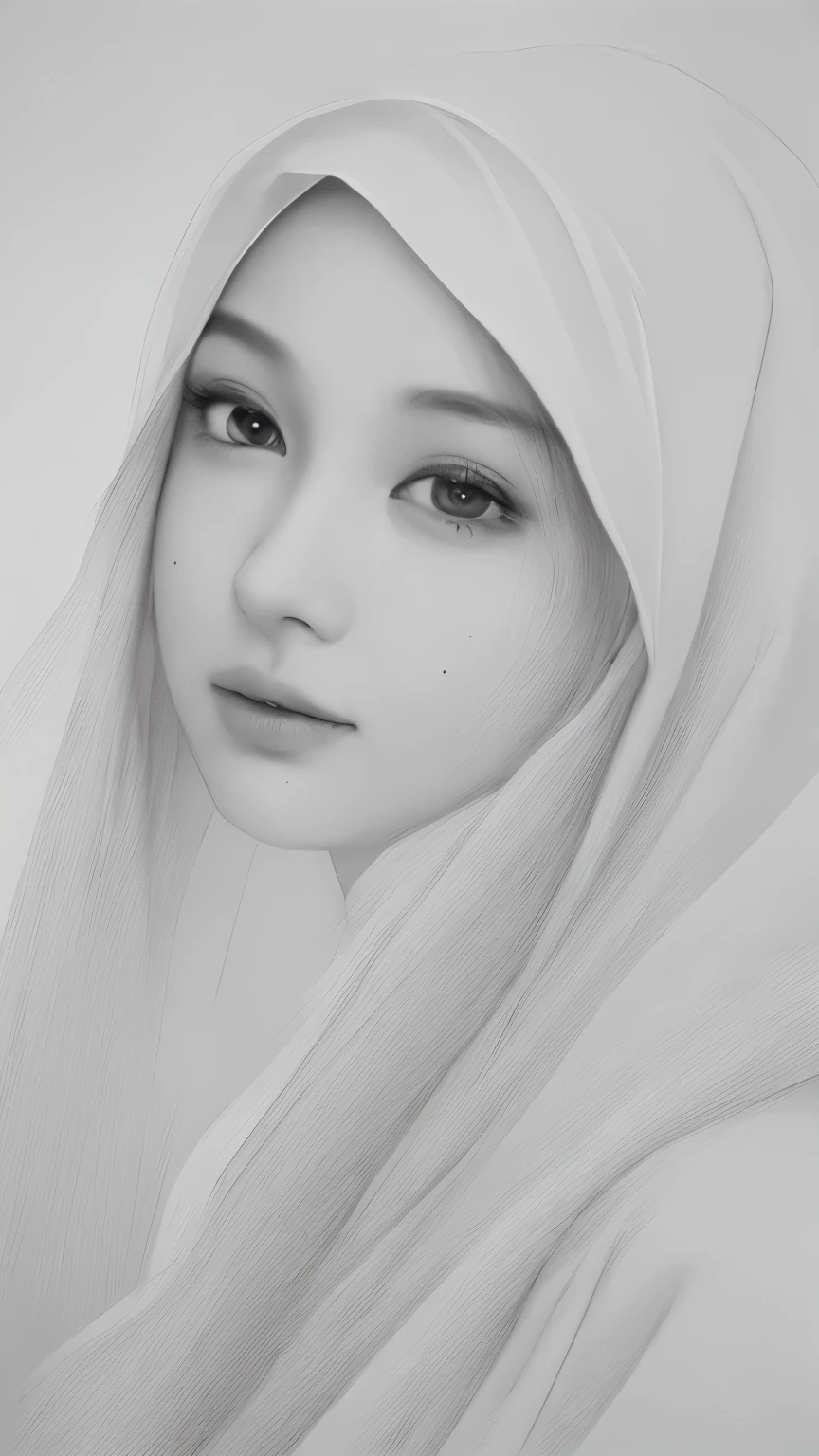 (beste Qualität, Hohe Auflösung), Vollbild des Engelsgesichts, MALAYSISCHES MÄDCHEN MIT HIJAB, perfekte Augen, perfekte Nase, perfekte Lippen, zarte und definierte Gesichtszüge, ätherisches Glühen, sanfte und sanfte Beleuchtung, Makellose Hautstruktur, komplizierte Details, fesselnder Ausdruck, bezaubernder Blick, ein subtiles Lächeln, wunderlicher Hintergrund, traumhafte Atmosphäre, Monochromatische Farben, sorgfältige Schattierung und Schraffur, komplizierte Bleistiftstriche, faszinierende und lebensechte Darstellung, atemberaubend realistisches Portrait, atemberaubende künstlerische Komposition