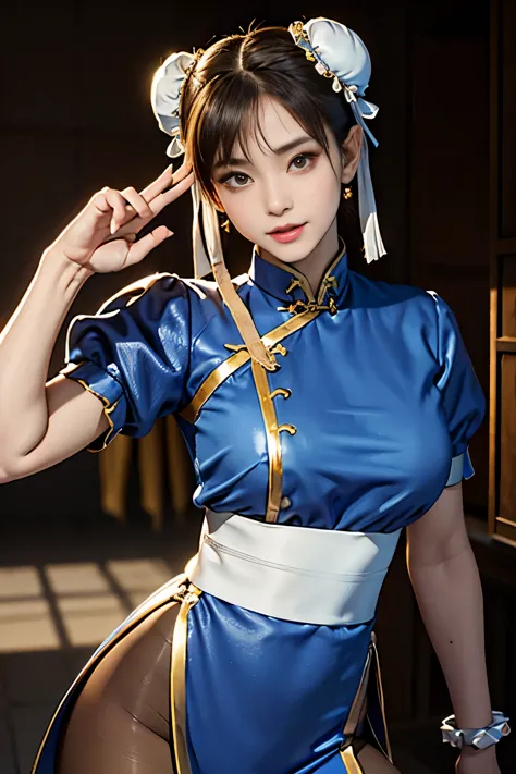 Chun-Li from Street Fight II,perfect chun li costume,blue cheongsam with gold lines,Bun head,Good cover,fighting pose,masterpiec...