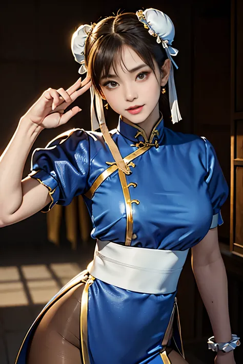 chun-li from street fight ii,perfect chun li costume,blue cheongsam with gold lines,bun head,good cover,fighting pose,masterpiec...