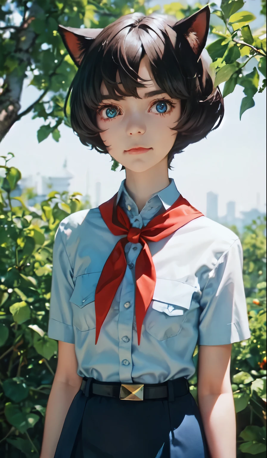 very young slim fit girl, full height, rounded face, (disheveled short hair:1.4), big blue eyes, shy smile, perfect flat breast, band on head with fake cat ears, pioneer neckerchief, short tight blue pleated skirt, bangs, tight white shirt, short sleeves, collared shirt, belt, red neckerchief, breast pocket
