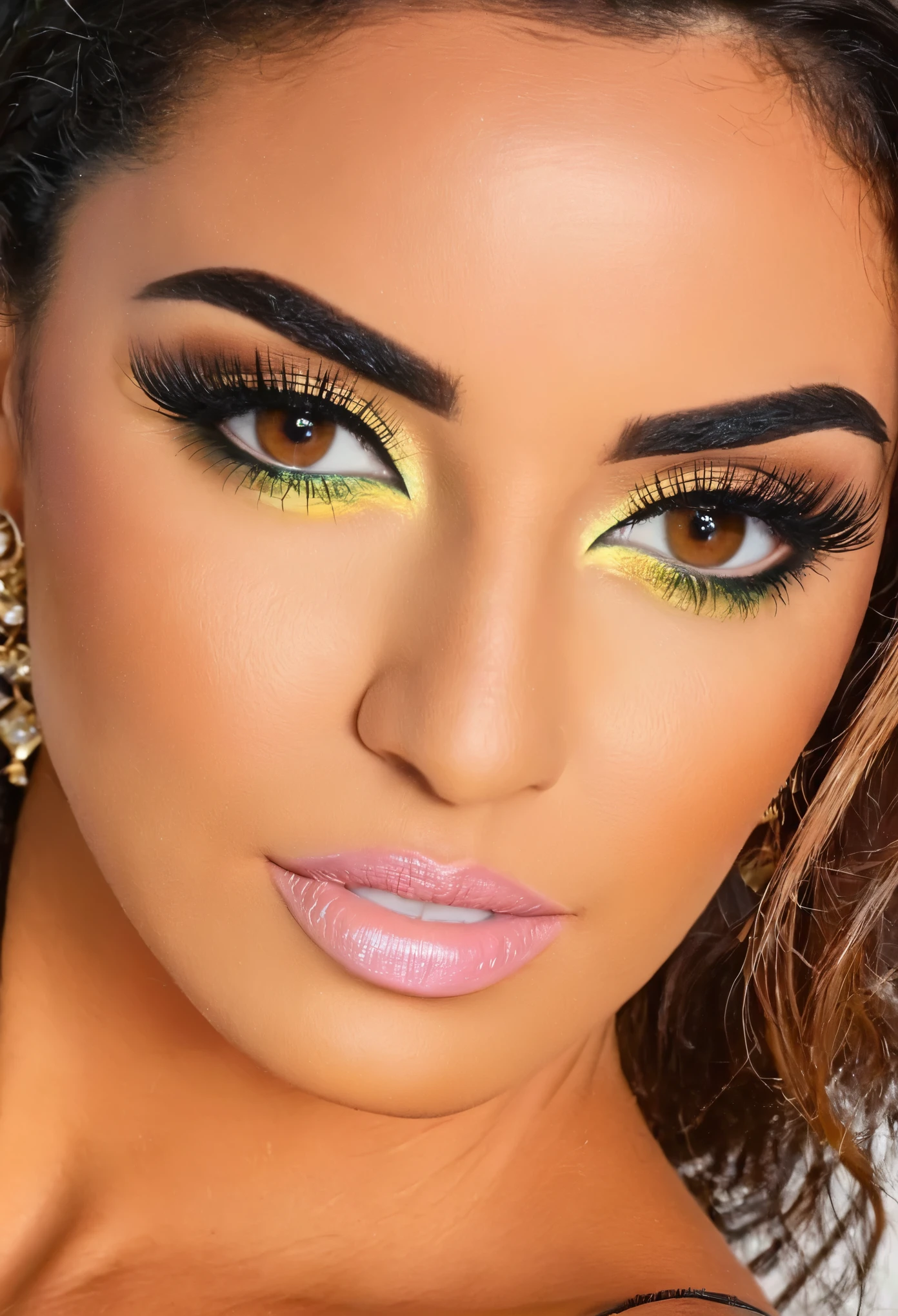 A woman with a bright yellow eye makeup and a black top - SeaArt AI