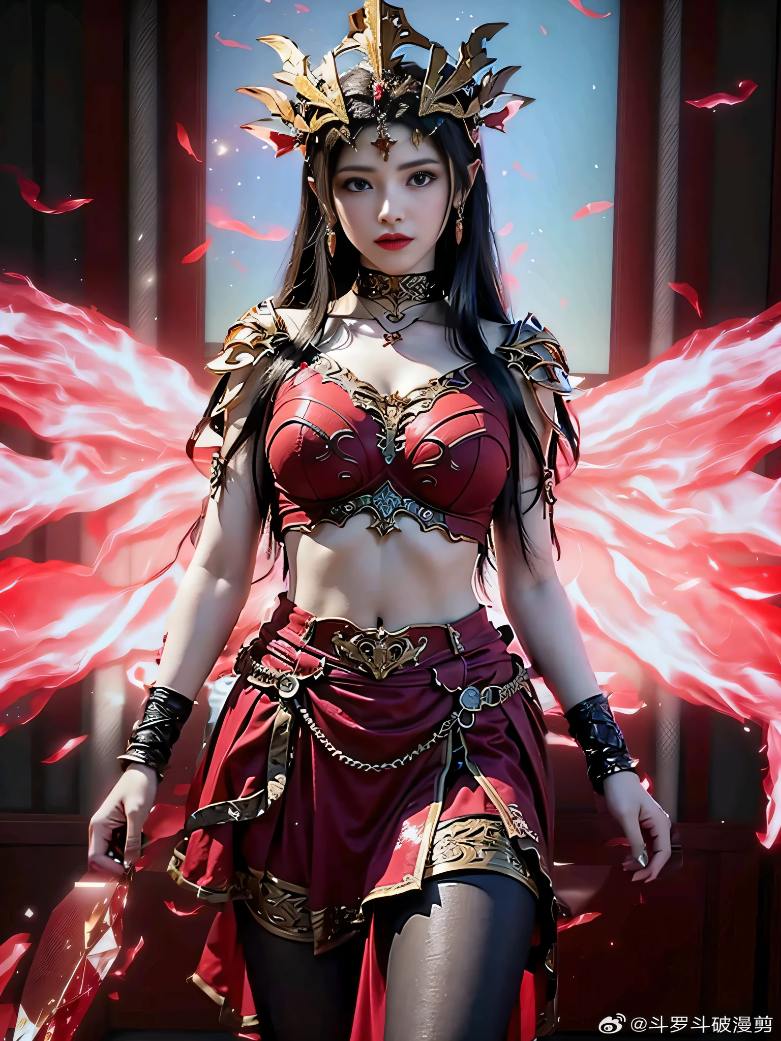 a woman in a red costume with wings and a red dress, appears as the fire goddess, lady in red armor, a beautiful fantasy empress, as a mystical valkyrie, fantasy outfit, hyperdetailed fantasy character, unreal engine render + a goddess, beautiful elegant demon queen, the butterfly goddess of fire, red demon armor, epic fantasy art style hd