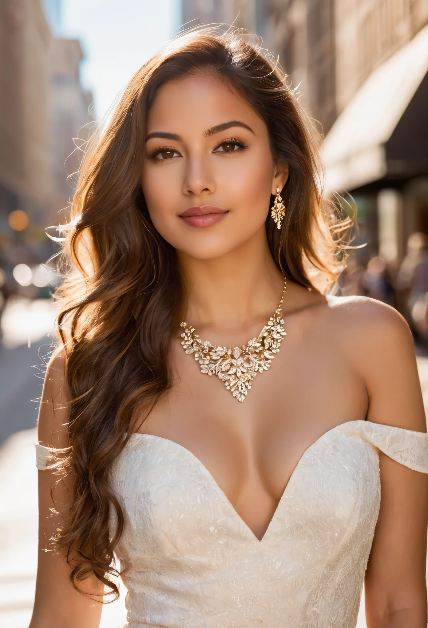 Beautiful latina brunette young lady, light dress, poses confidently in the heart of the bustling city. Her long, wavy chestnut hair cascades down her back, framing her elegant features. Expressive brown eyes gazing directly at the viewer. Her bare shoulders glisten in the sunlight, adorned with a delicate necklace that highlights the curve of her neck. Her rosy lips are parted slightly, revealing a hint of a playful smile.