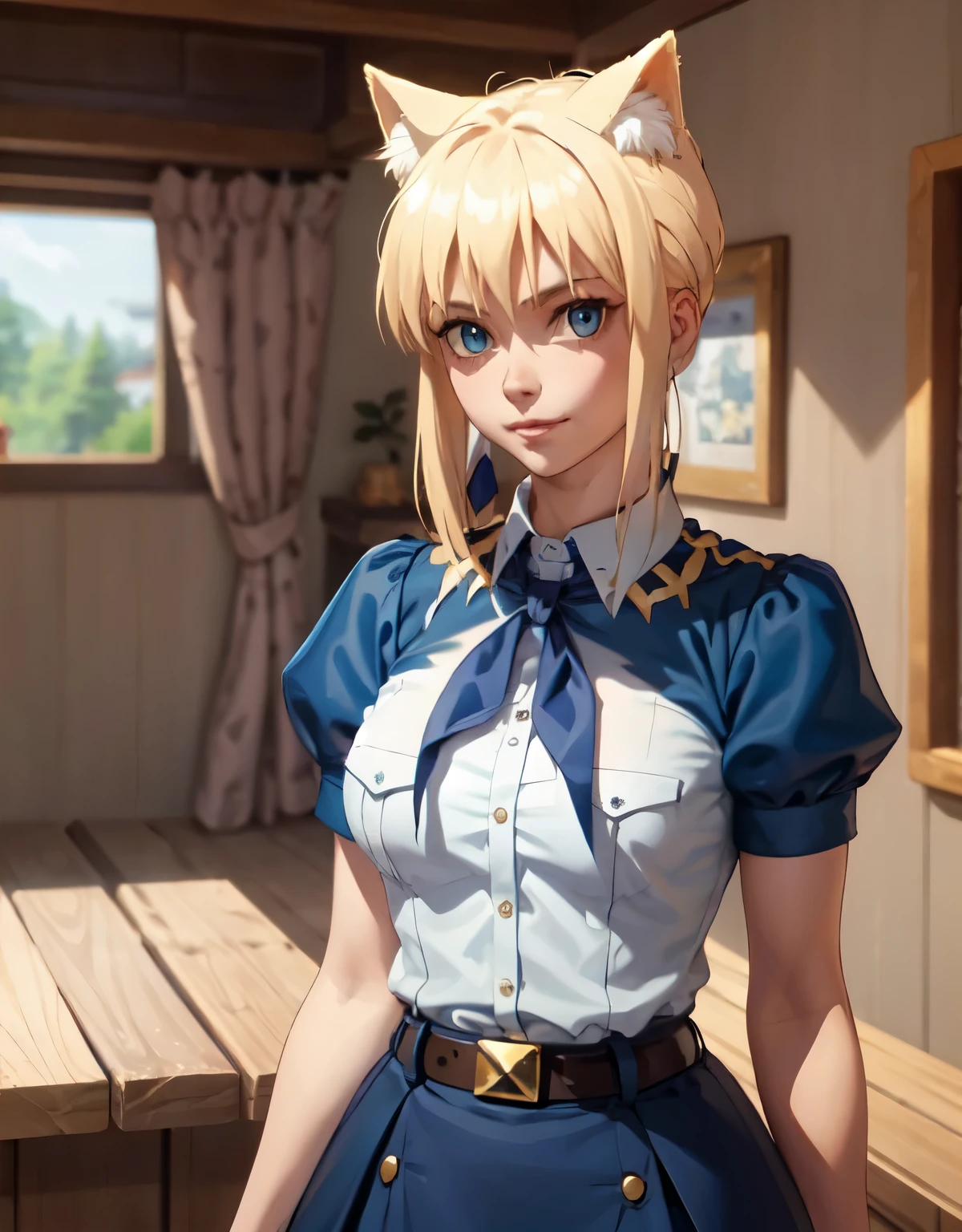 very young slim fit girl, full height, rounded face, (blond hair:1.4), big blue eyes, shy smile, perfect medium breast, band on head with fake cat ears, artoria pendragon \(fate\), pioneer neckerchief, short tight blue pleated skirt, bangs, tight white shirt, short sleeves, collared shirt, belt, red neckerchief, breast pocket, by Sasha Khmel