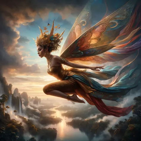 painting of a woman flying in the sky with a fairy costume, beautiful fantasy art, very beautiful fantasy art, breathtaking fant...