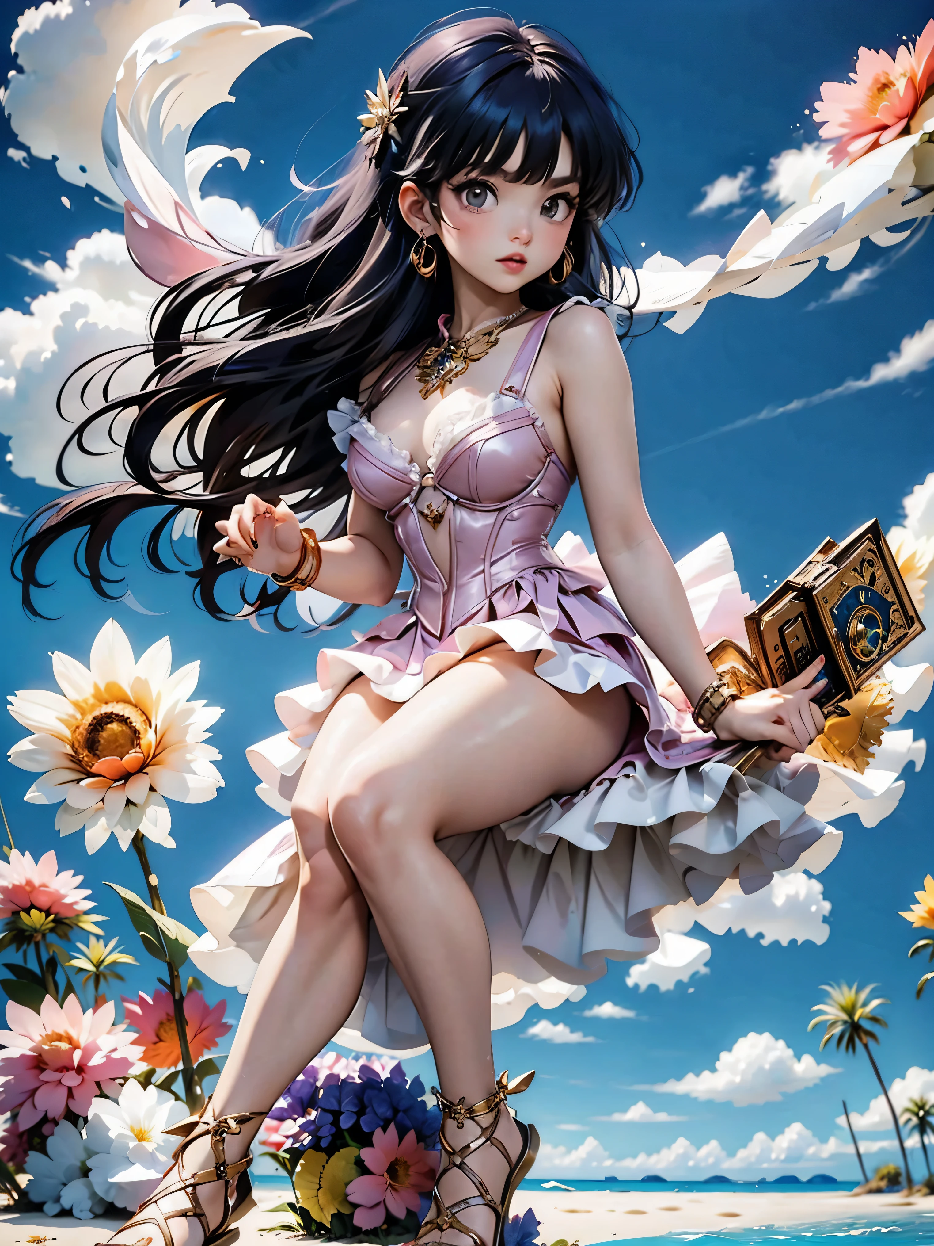 Little bunny, Dark hair anime girl with pink dress and corset, 16 yrs old, Body cute, breasts big, com as hands on chest, hands on chest, Garota sexly, purple cabelo, side hair highlights, locks of hair on the side of the face, beautiful lighting, softshadows, blue colored eyes, pretty legs, shorth hair, anime styling, character Akane Tendo, Autora Rumiko Takahashi, Based on a work by Rumiko Takahashi, Anime Ranma 1/ 2, decote sexly, robust hip, fully body, fully body, Bust Big, young girl with beautiful and beautiful body, sandals on his feet, Young girl, usando saia e corset pink, anime girl, anime styling, beautiful feet in sandals, 45° viewing angle, plein-air, large breasted, Cute Breasts, Bblack hair, sandals on the feet, pretty legs, sexly, nice legs, sandals, breasts big, Little bunny