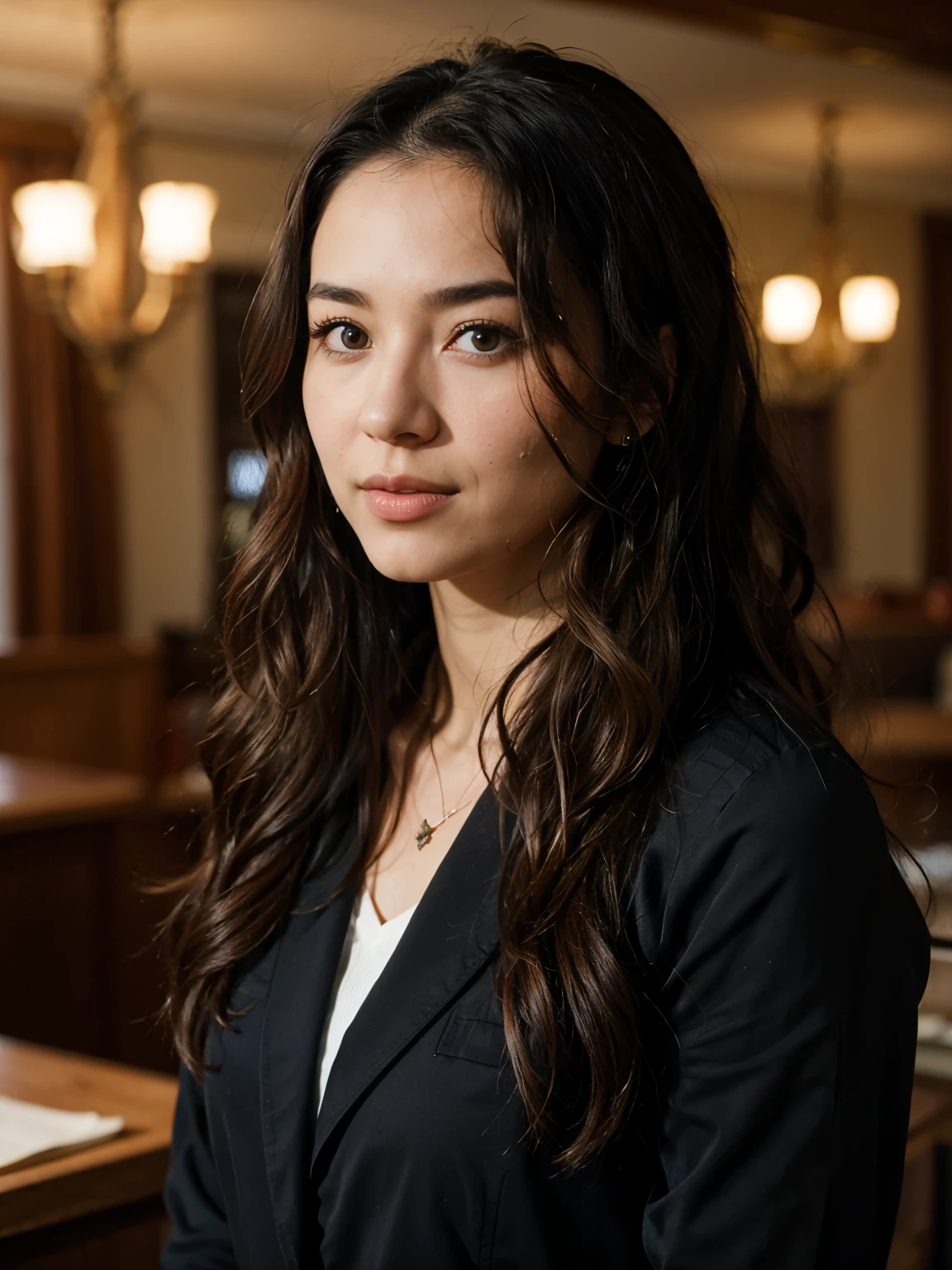 LinkedIn profile photo, professional image of a woman with mid-body, long wavy dark hair. Lighting should accentuate facial features, and the environment may suggest success and determination.