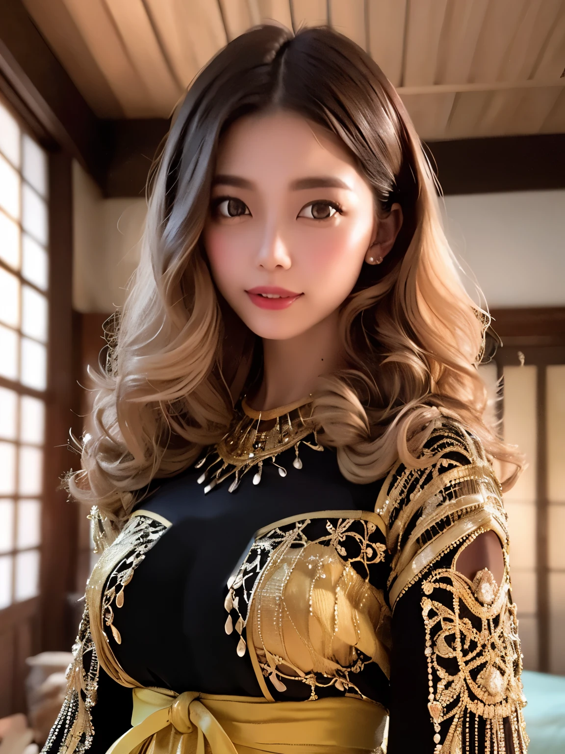 (realistic:1.3), finely, quality, rembrandt lighting, (masterpiece:1.2), (photorealistic:1.2), (best quality), (fine skin:1.3), (intricate details), dramatic, ray tracing, 1 girl, japanese girl, 21 years old, fine skin texture, (blush:0.5), (I get goosebumps:0.5), scattered below the surface, smile, medium breasts, (big hair, mega twin drill:1.2), bangs, hair between eyes, Clothes, cowboy shot, (bright sunny day), 