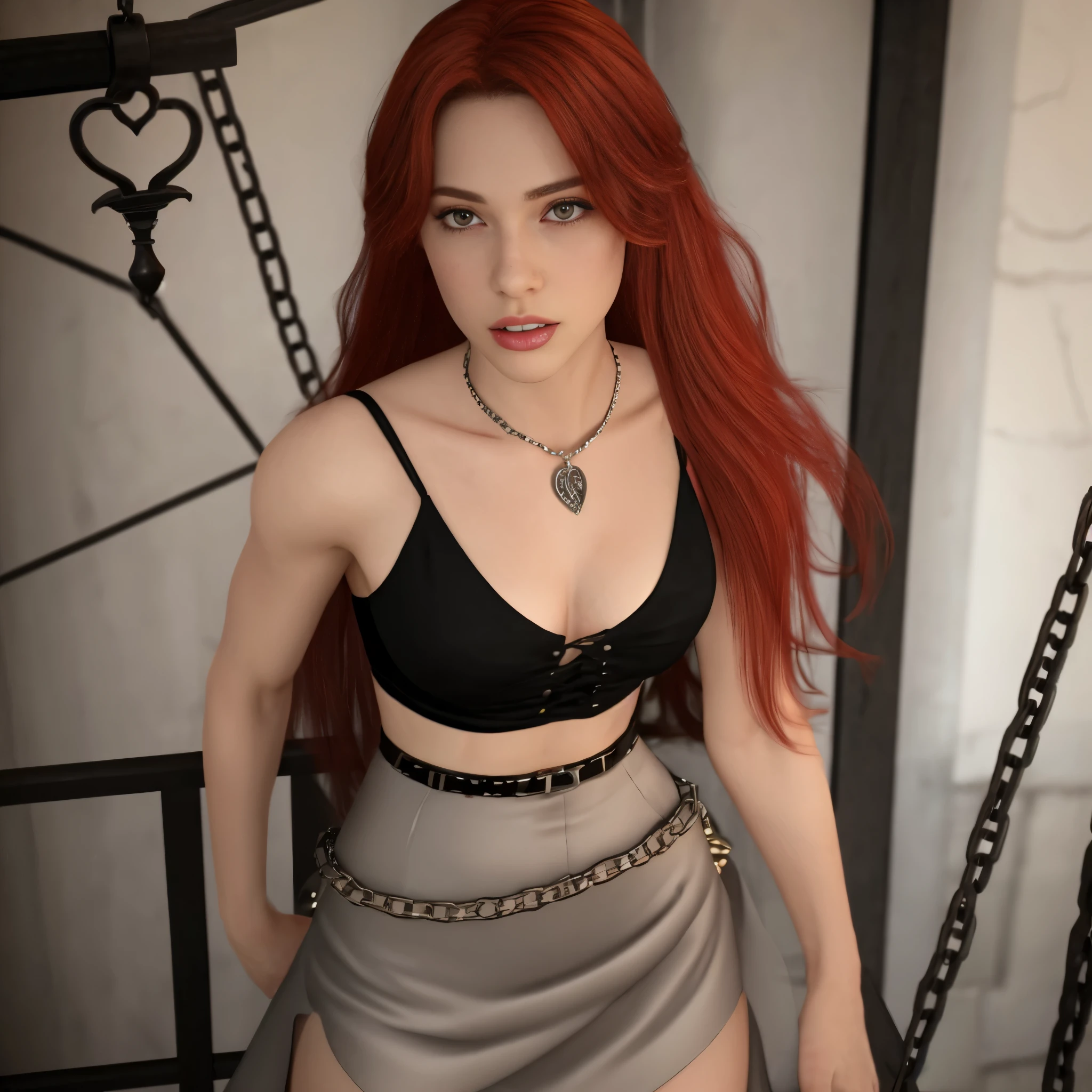 Lenore, red hair, looking at viewer, 8k, hd, detailed, legs, full body, vampire, short skirt, femdom, chains in background, pale skin, sweaty, toned legs, full leg view, full body view, smooth legs, skinny, beautiful, smooth legs