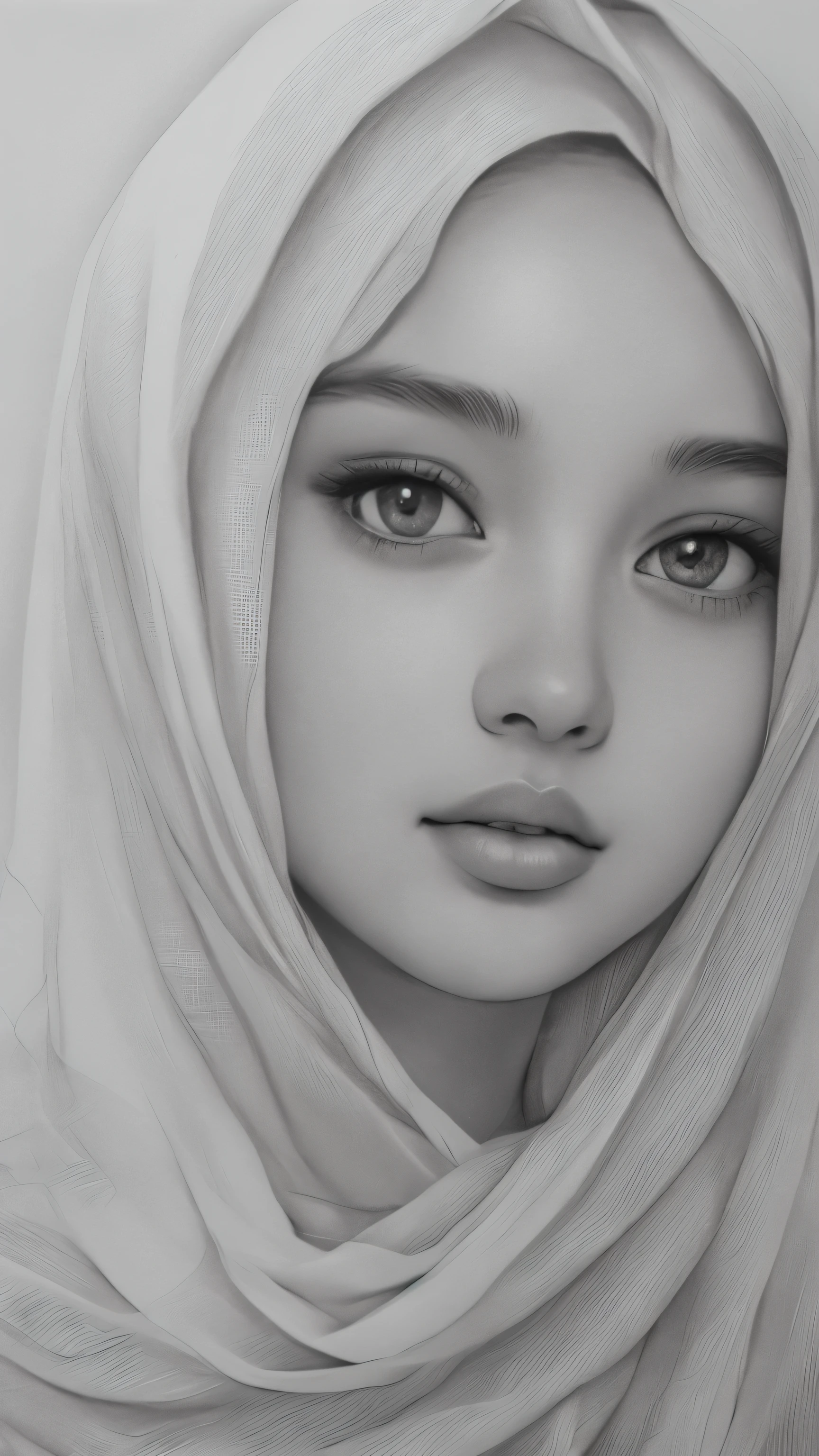 (mejor calidad, Alta resolución), pantalla completa de cara de angel, chica hijab malaya, ojos perfectos, nariz perfecta, labios perfectos, rasgos faciales delicados y definidos, resplandor etéreo, iluminación suave y gentil, Textura de piel impecable, detalles intrincados, expresión cautivadora, mirada encantadora, una sonrisa sutil, fondo caprichoso, atmósfera de ensueño, Colores monocromáticos, sombreado y sombreado meticulosos, trazos de lápiz intrincados, representación fascinante y realista, retrato increíblemente realista, impresionante composición artística