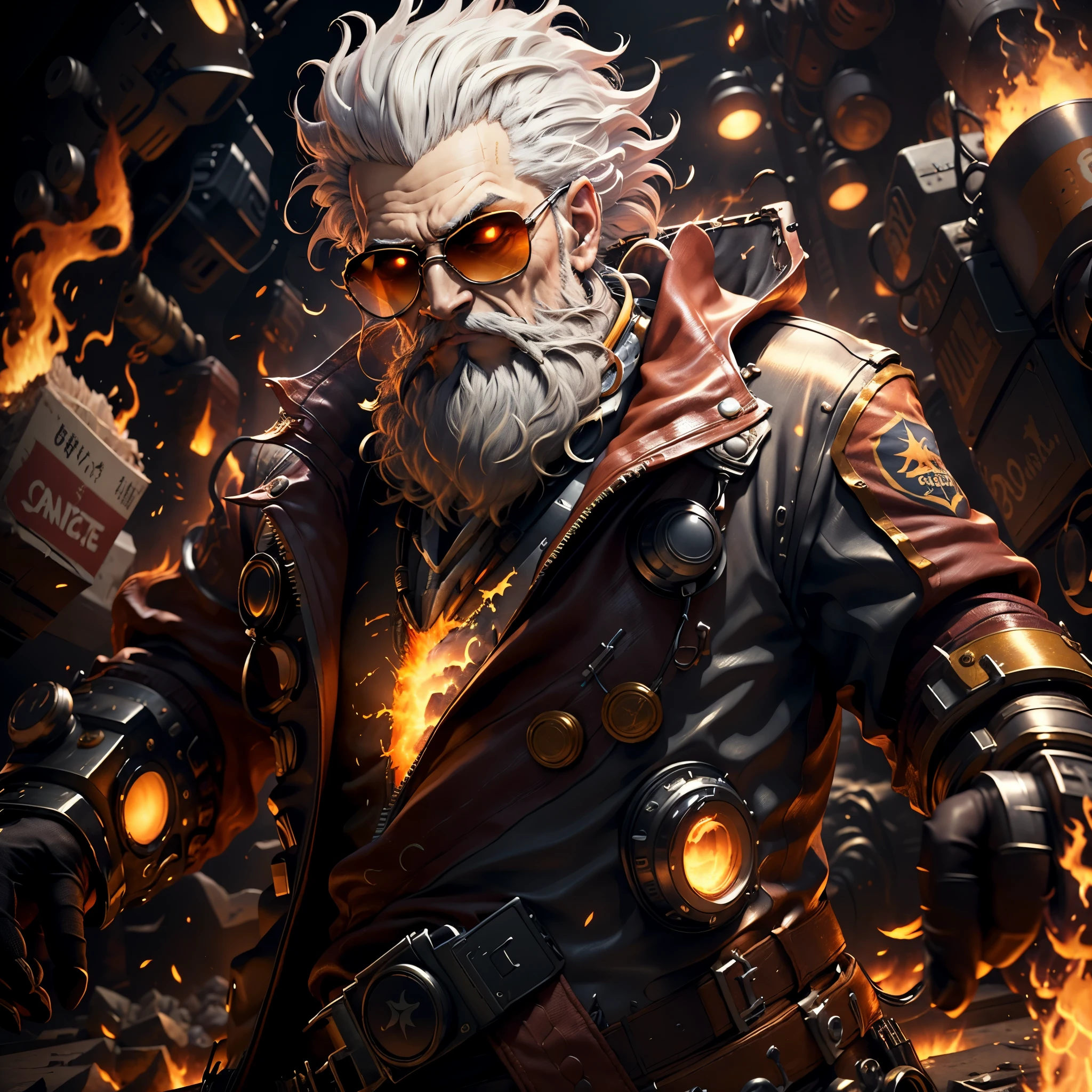 datou,1boy, bald, beard, breathing fire, burning, campfire, candle, embers, explosion, facial hair, fiery hair, fiery wings, fire, fireplace, firing, flame, flaming sword, flaming weapon, glowing, grey hair, male focus, molten rock, mustache, muzzle flash, old, old man, pyrokinesis, single mechanical arm, smoke, solo, sparks, sunglasses, sunset, tail-tip fire, torch, upper body, white hair