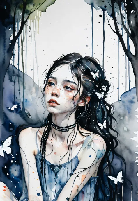 ((watercolor by Agnes Cecile)), painting of a beautiful 20 year old girl with freckles + choker + tattoos + long braided black h...