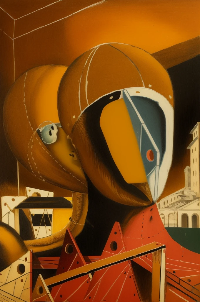 painting of a man with a giant mouth and a big head, Giorgio di Chirico, inspired Direction: Giorgio de Chirico, Direction: Giorgio de Chirico, Chirico and Rene Magritte, Giorgio de Chirico e Klimt, a pintura surrealista, inspirado em Peter Blume, cena surreal, uma pintura cubista, pintura surrealista, Arte surrealista