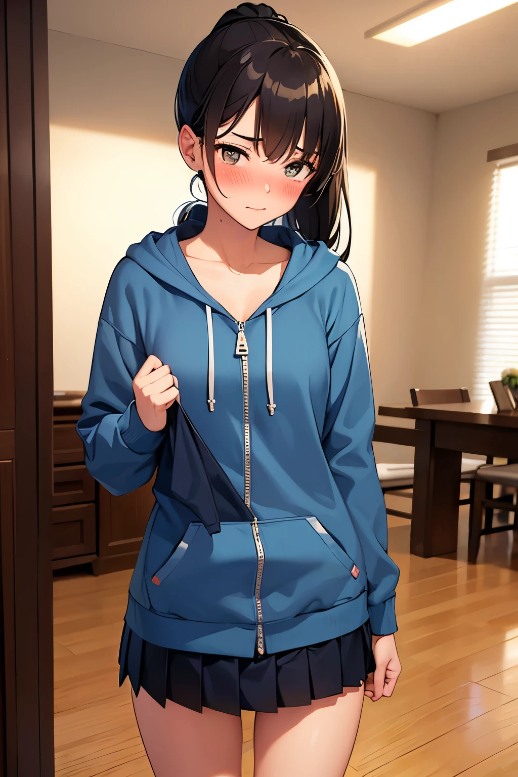 Anime girl in blue hoodie standing in a room with hardwood floors - SeaArt  AI