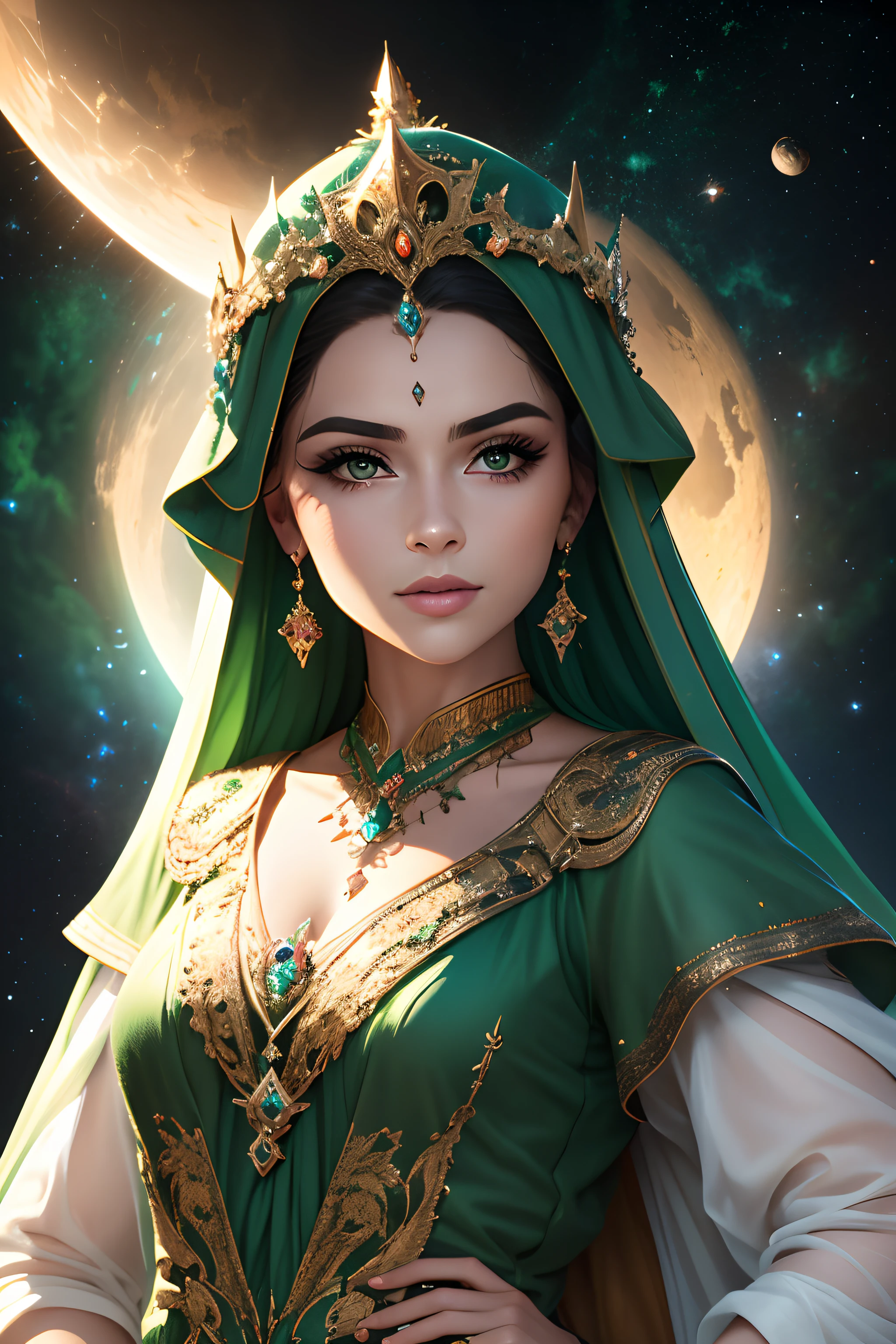 Queen with a crown of green stones and jewels. MYSTIC APPEARANCE. Planets background, outer space, universe