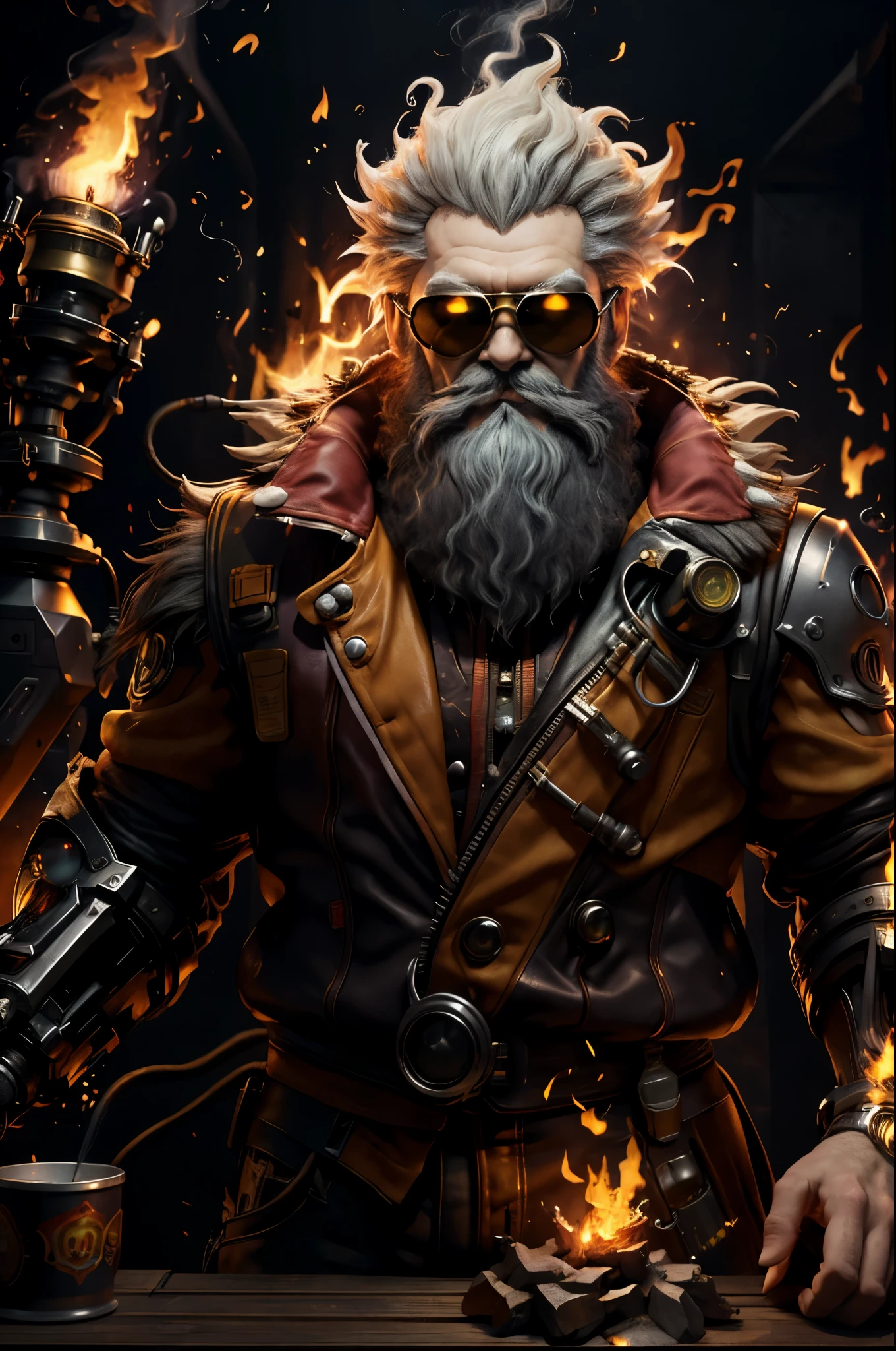 Big head,1 boy, White beard, yellow hair，Breathing fire, on fire, campfire, Candle, human nature, explode, bearded, fiery的头发, fiery wings, fiery, fireplace, shooting, flame, flame劍, Incendiary weapons, luminescent, male focus, molten rock, bearded, muzzle flash, hot, Single robotic arm, smokes, alone, spark of light, sunglasses, Sunset, tail-tip fire, Torchbearer, upper part of body