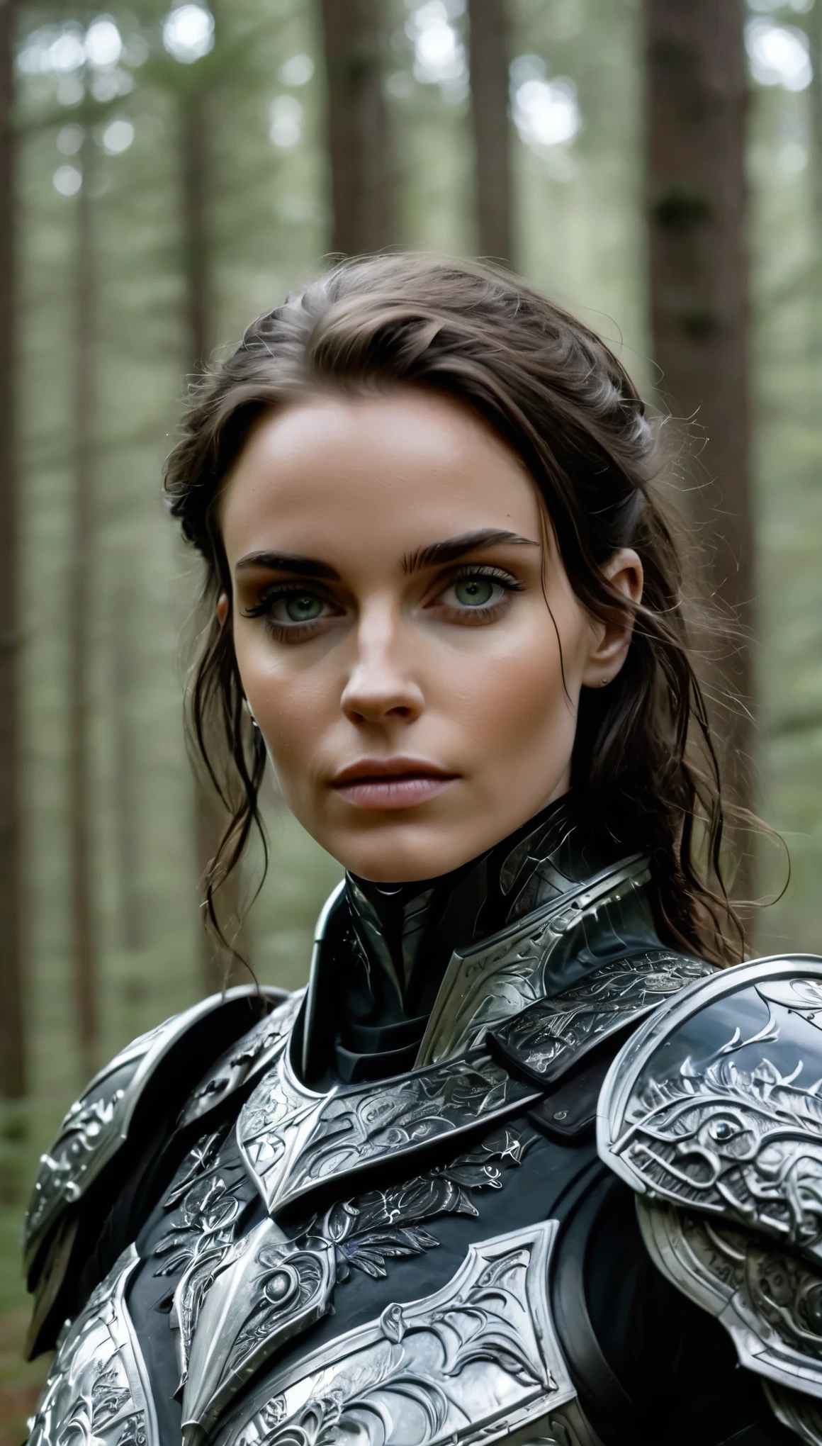 a woman, perfect eyes, (ultra realistic:1.5), (standing in forest:1.2), (close-up photo:1.5), (black paladin armor:1.2), (intricate:1.2), (looking at camera:1.2), (best quality:1.2), 