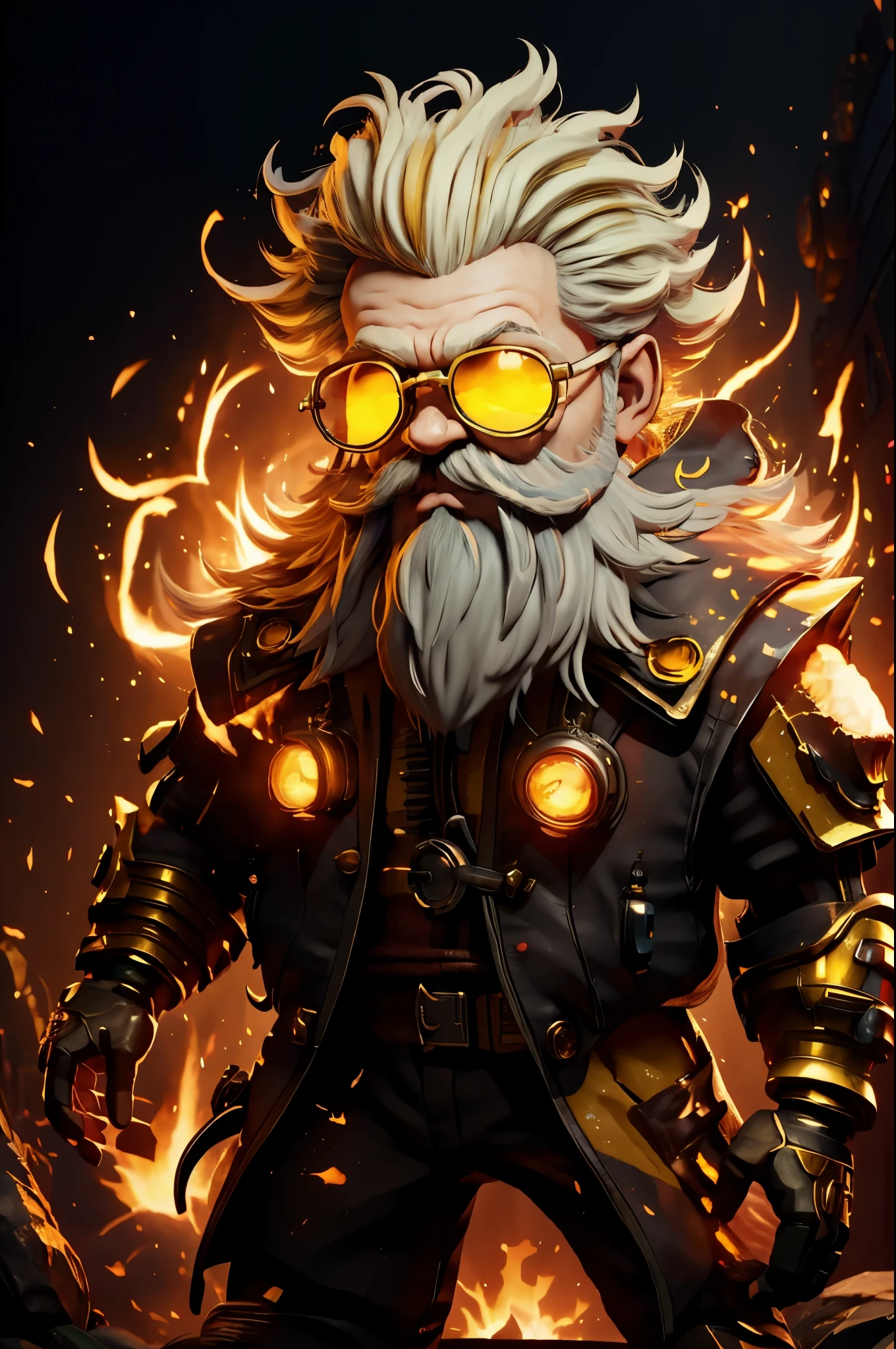 Big head,1 boy, ((White beard, A yellow-haired one))，on fire, explode, grow white beard, fiery hair, fiery的翅膀, fiery, Incendiary weapons, luminescent, male focus, molten rock, grow a beard，hot, Single robotic arm, alone, spark of light, sunglasses, Sunset, tail-tip fire, Torchbearer, upper body，chibi风格,masterpiece,best quality,official art,Extremely detailed CG unified 8k wallpaper,mysterious style,chibi