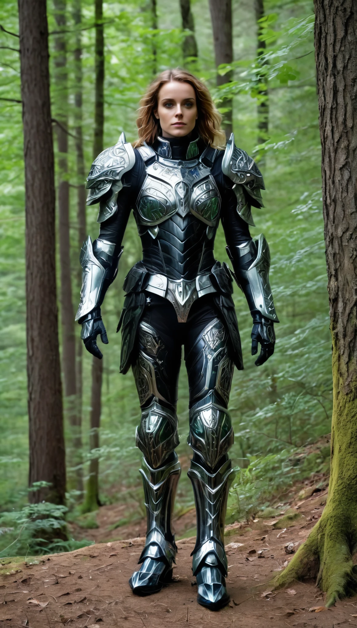 a woman, perfect eyes, (ultra realistic:1.5), (standing in forest:1.2), (full shot photo:1.5), (black paladin armor:1.2), (intricate:1.2), (looking at camera:1.2), (best quality:1.2), 