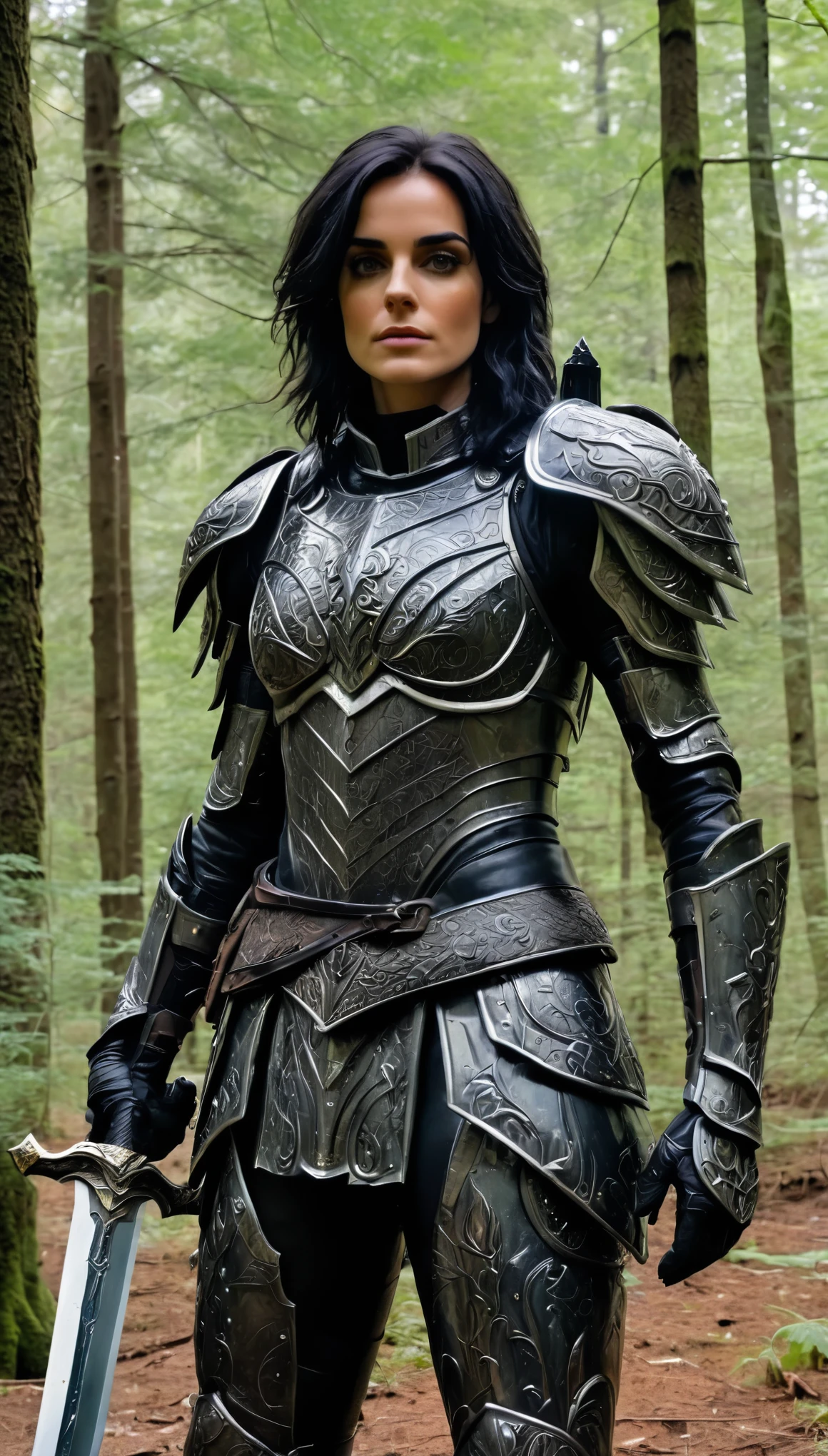 a woman, perfect eyes, (ultra realistic:1.5), (standing in forest:1.2), (full shot photo:1.5), (black paladin armor:1.2), (intricate:1.2), (looking at camera:1.2), (best quality:1.2), 