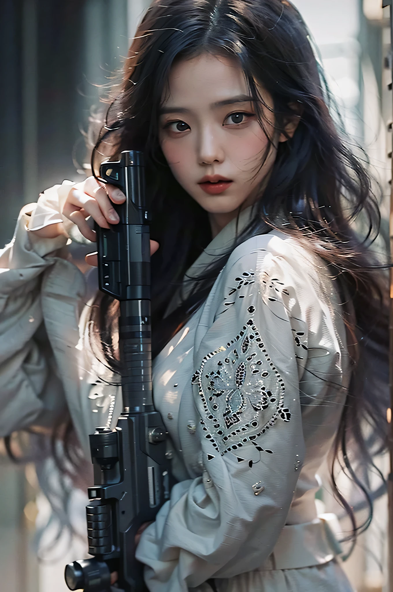 (highest image quality), (masterpiece), (vibrant, photography realistic, Realistic, Dramatic, Dark, Sharp focus, 8K), beautiful, Highly detailed face and skin texture, sexy wedding dress, ethereal beauty, mature asian woman,black long hair, make up, nsfw ,Close up shot, ((backlight)), holding the gun, secret agent, sniper agent