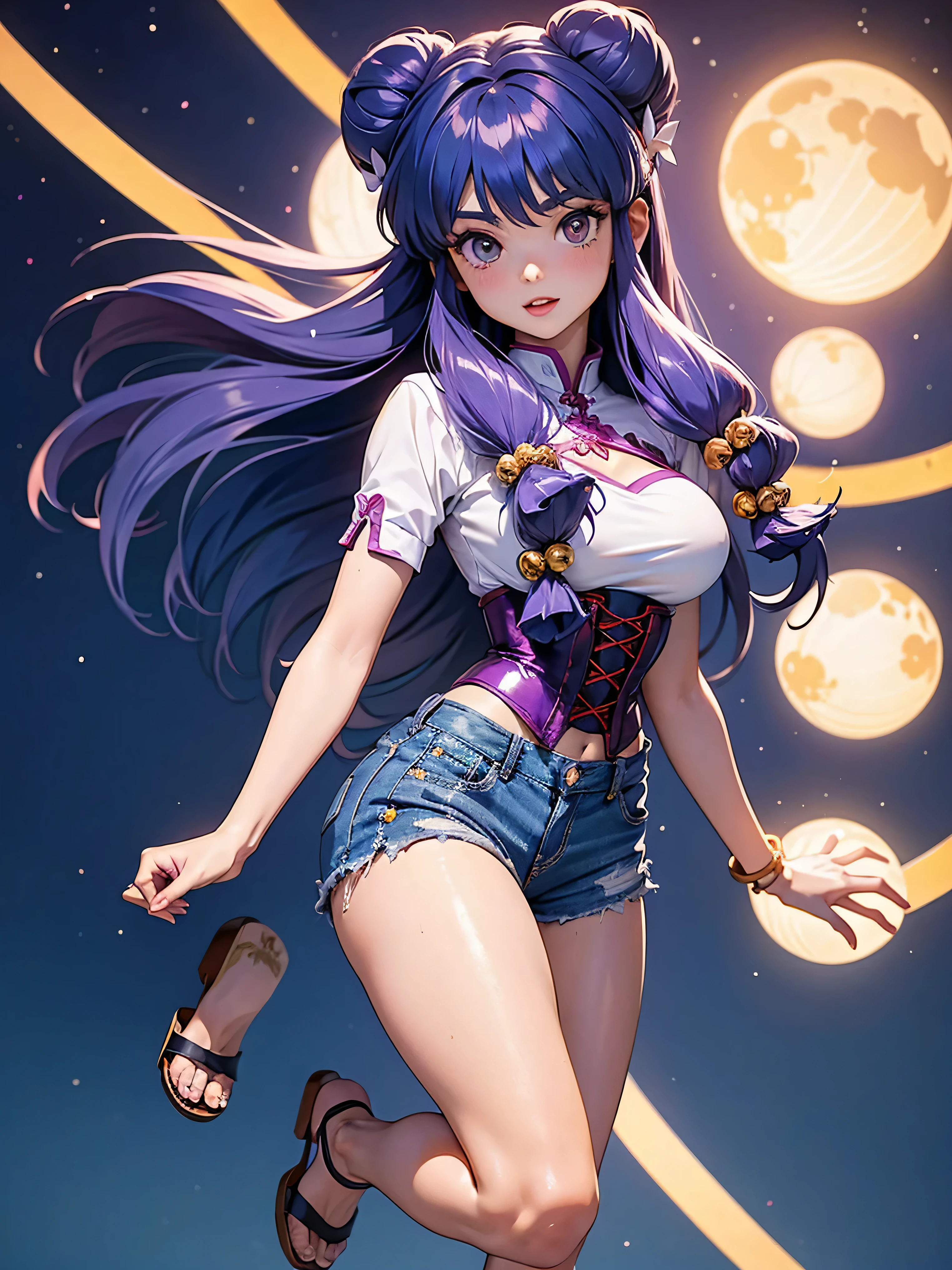 Garota anime cheveux violets com short jeans e corset rosa brilhante, 16 ANS, beau corps, seios grands, com as mains sur la poitrine, mains sur la poitrine, fille sexy, cheveux violets, faits saillants des cheveux latéraux, mèches de cheveux sur le côté du visage, bel éclairage, ombres douces, yeux bleus, belles jambes, longs cheveux violets, style animé, Personnage de Shampoo Chan, Autora Rumiko Takahashi, D&#39;après une œuvre de Rumiko Takahashi, Anime Ranma 1/ 2, déco sexy, hanche robuste, tout le corps, tout le corps, busto grand, jeune fille avec un beau et beau corps, des sandales aux pieds, jeune fille, portant un short en jean et un corset rose vif, fille animée, style animé, beaux pieds en sandales, Angle de vision de 45°, En plein air, peito grand, beaux seins, cheveux violets, sandales aux pieds, belles jambes, cheveux violets roxo, beaux seins, grand , busto grand, BELLES JAMBES SANDALES AUX PIEDS