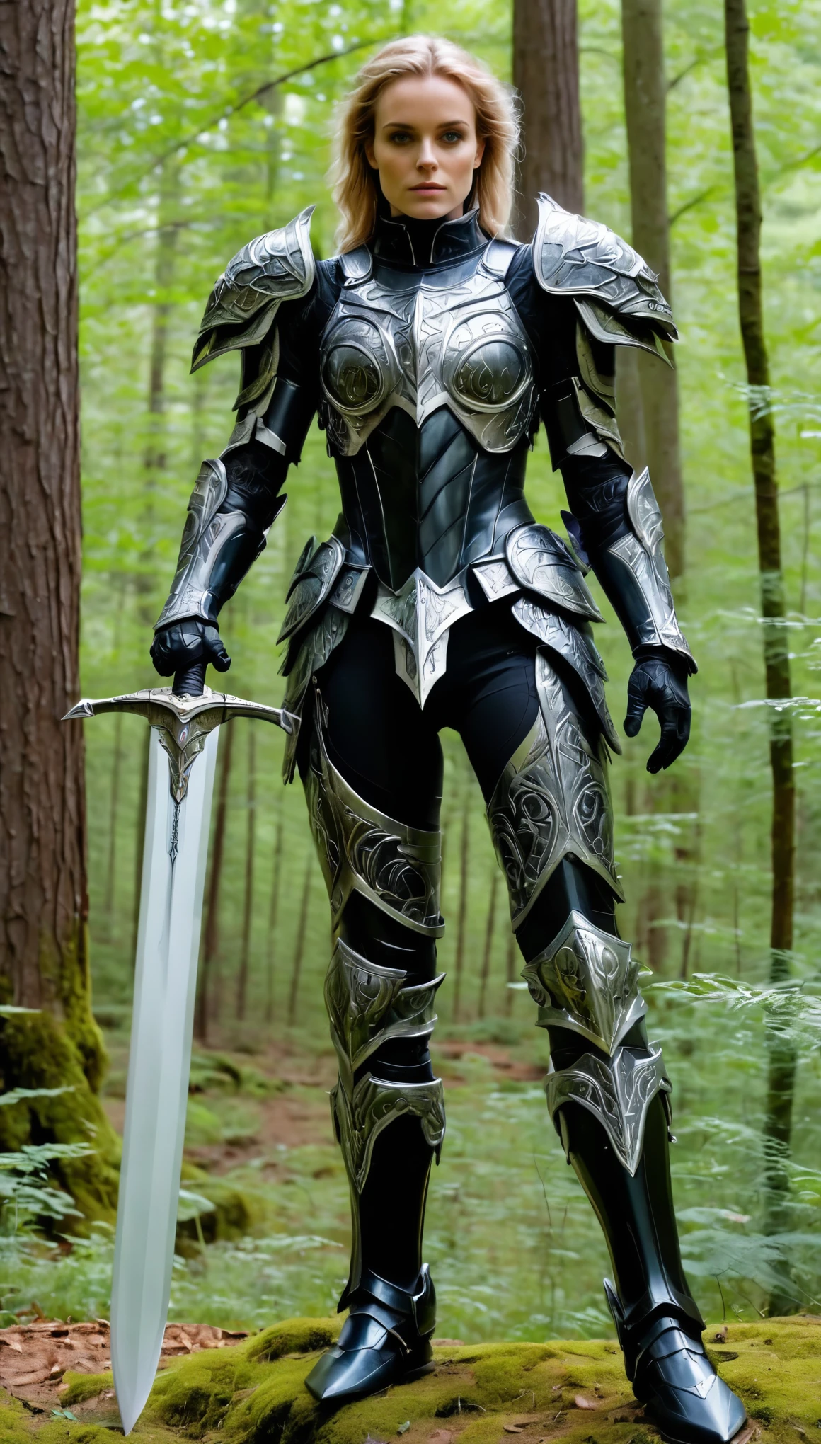 a woman, perfect eyes, (ultra realistic:1.5), (standing in forest:1.2), (full shot photo:1.5), (black paladin armor:1.2), (intricate:1.2), (looking at camera:1.2), (best quality:1.2), 